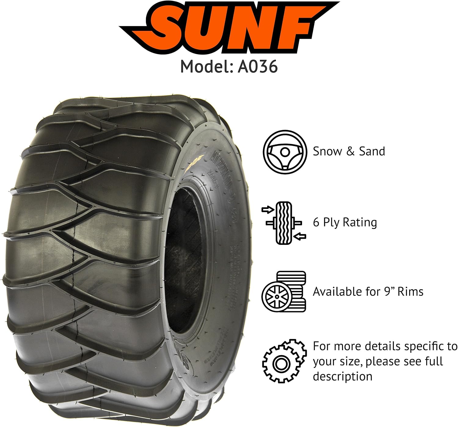 SunF Set 2 ATV Tires 22x10-9 22x10x9 Sand & Snow 6 PR A036