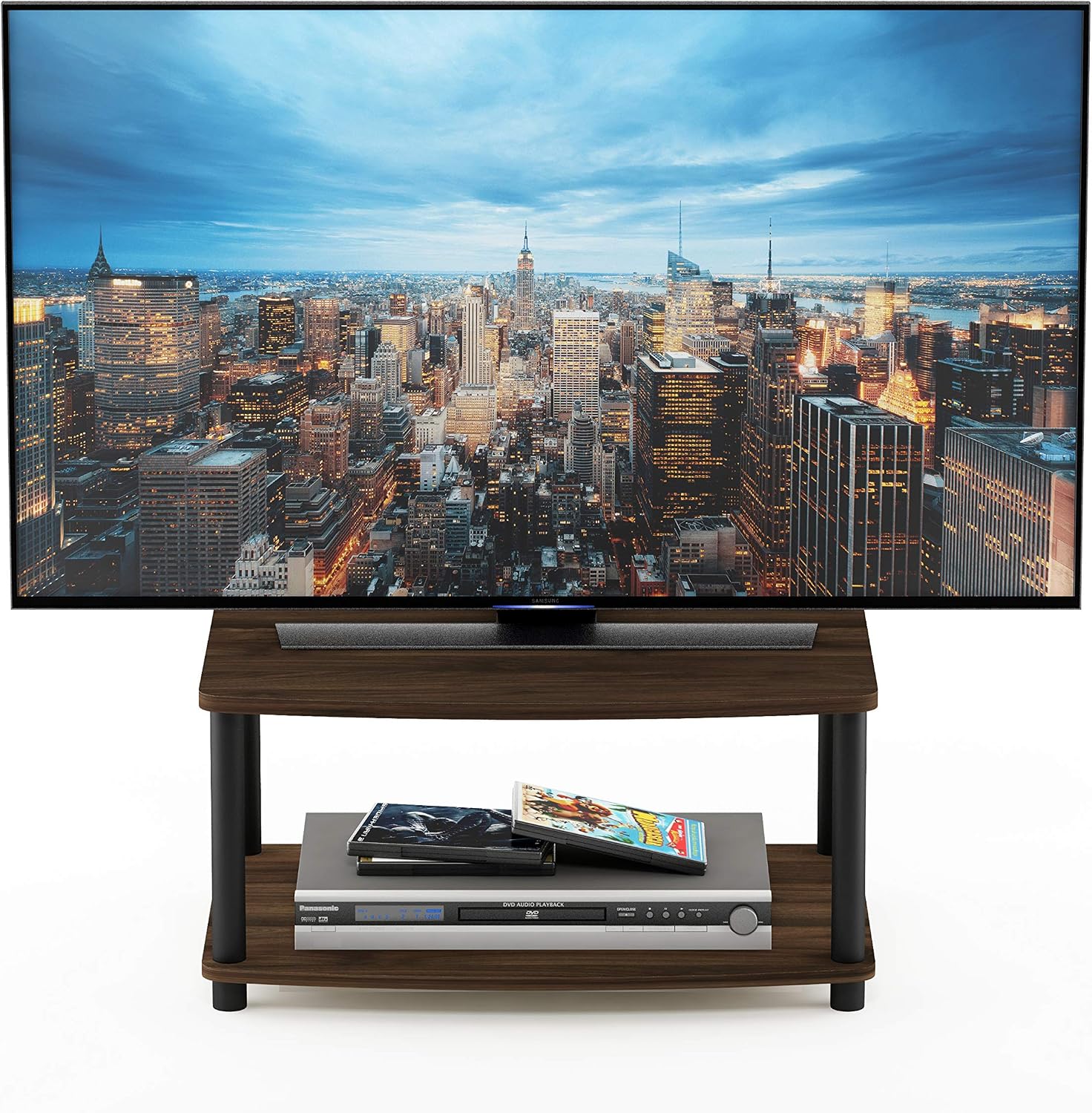 Furinno Turn-N-Tube TV Riser Stand, 2-Tier Small Elevated No Tools TV Stand, TV Console for TV up to 32 inch, 15.8 x 23.8 x 11, for Living Room, Bedroom, French Oak/Black