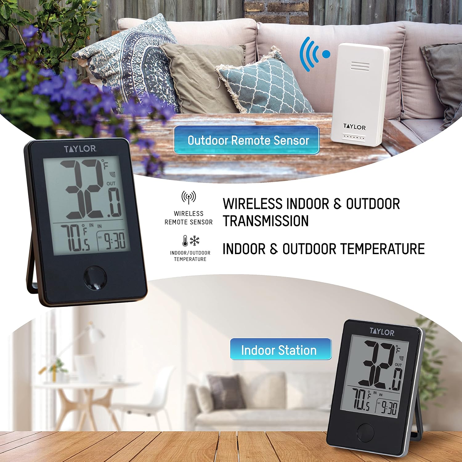 Taylor Wireless Digital Indoor Outdoor Thermometer, Easy to Read Numbers for Patio, Pool, and Indoor Areas, LCD, Black