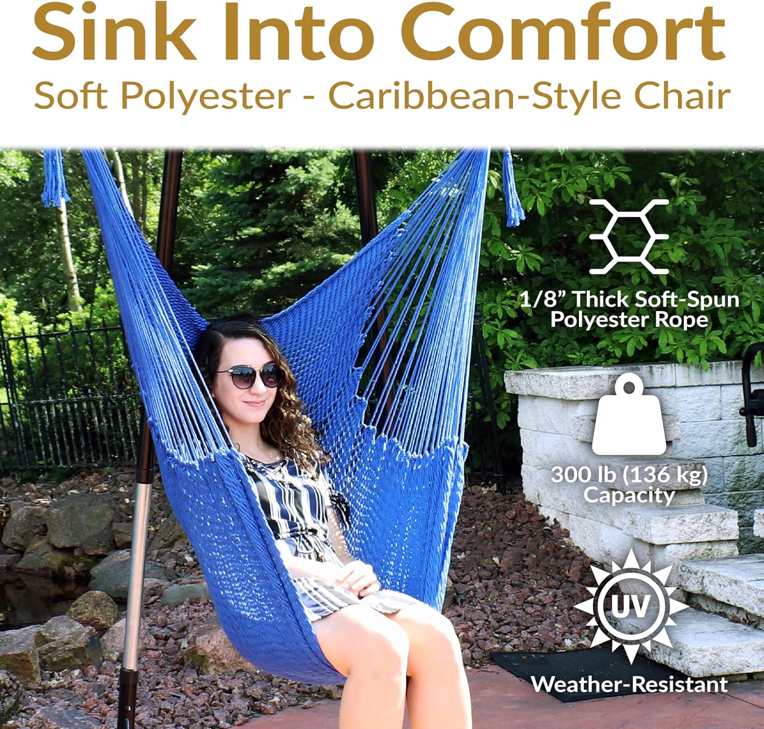 Sunnydaze Hanging Hammock Chair Swing for Patio, Caribbean, Tan | 300 lb Capacity, Wooden Spreader Bar, Woven Polyester, Hang From a Tree, Hammock Chair Stand, or Ceiling, Hammock Swing Chair