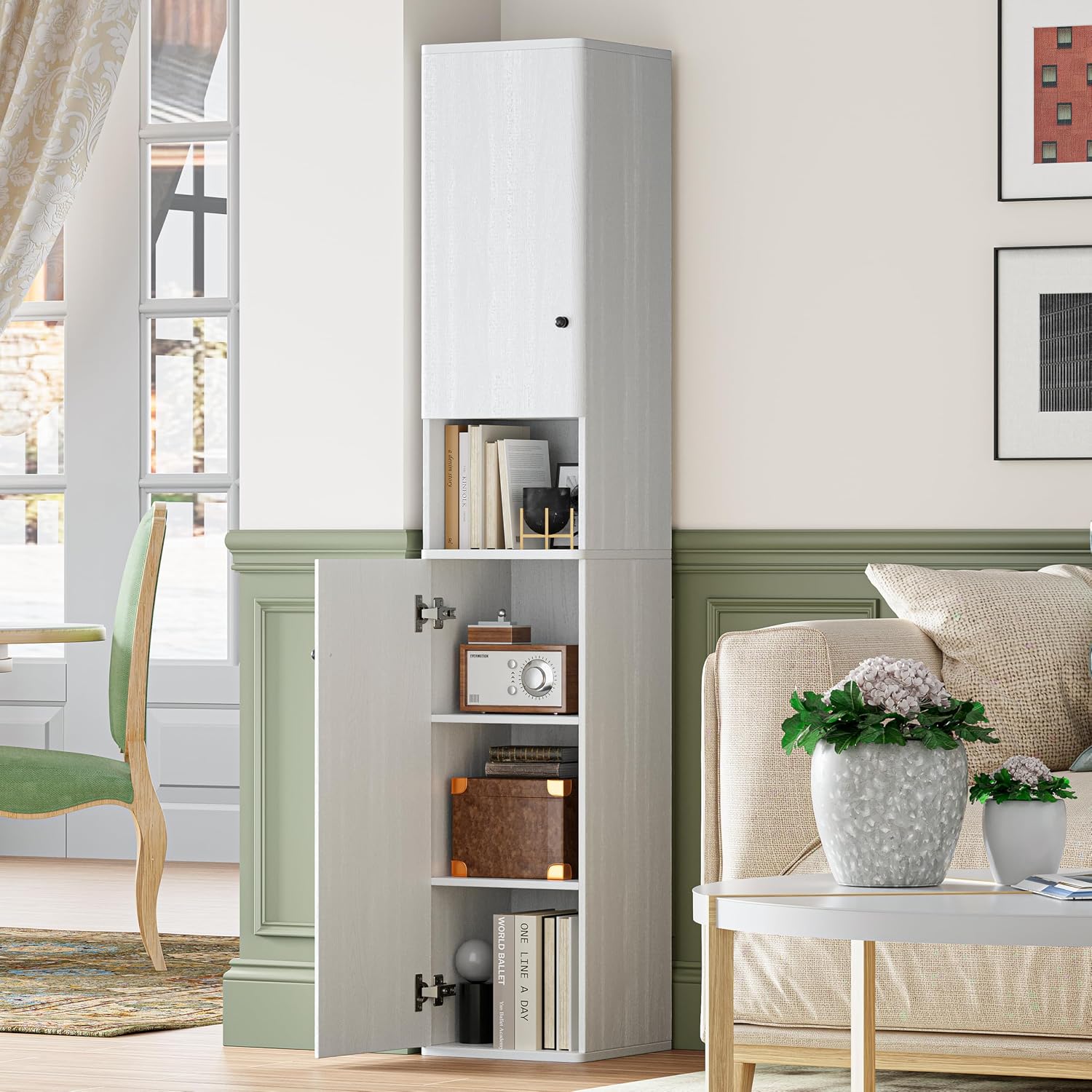 64" Narrow Bathroom Storage Cabinet with Adjustable Shelves and Drawer | 6-Tier Tall Slim Storage Cabinet, Anti-Tip Kit Included