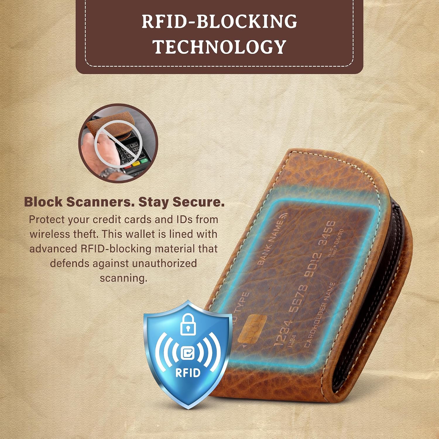 Genuine Bison Leather Wallet for Men, RFID Slim, Brown | Genuine bison leather wallet for men with RFID blocking and curved front pocket fit. Rugged slim everyday carry, brown.