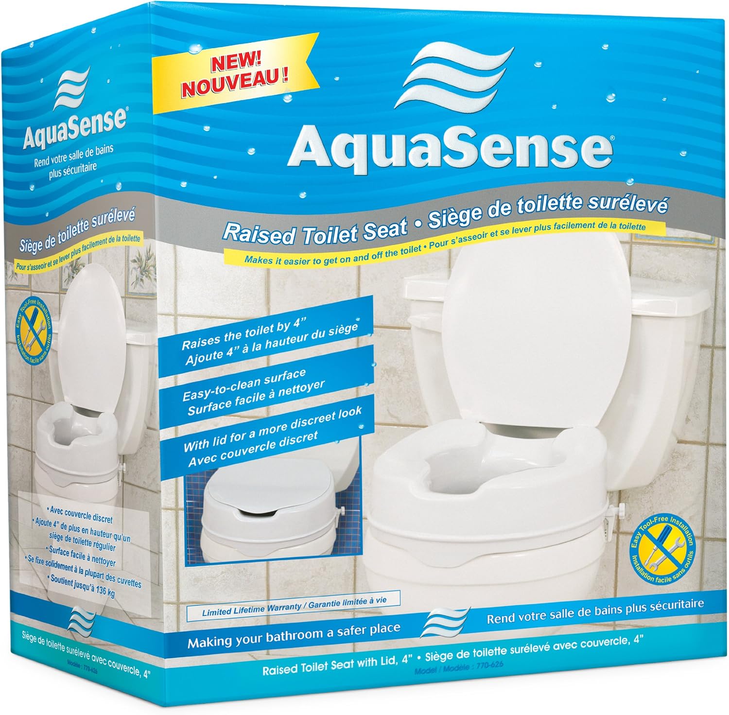 Drive Medical AquaSense Raised Toilet Seat with Lid, Standard Seat, White | Raised Toilet Seat with Lid Adds Comfortable Height for Easier, Safer Everyday Bathroom Use and Access