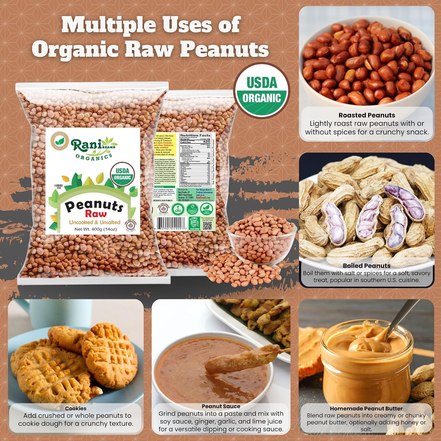 Rani Peanuts, Raw Whole With Skin (uncooked, unsalted) 14oz (400g) ~ All Natural | Vegan | Kosher | Gluten Friendly | Fresh Product of USA ~ Spanish Grade Groundnut/Red-skin