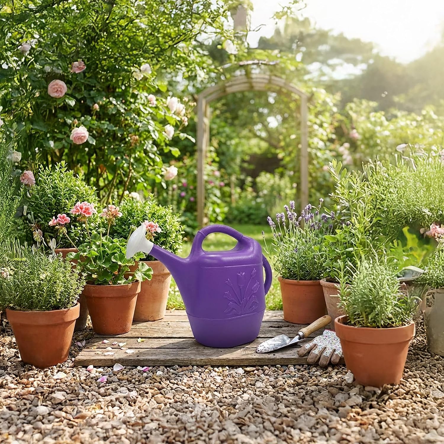 Union Products 63066 2 Gallon Plastic Indoor/Outdoor Watering Can w/Tulip Design for Garden, Potted Plants, & Patio Pots, Caribbean Blue