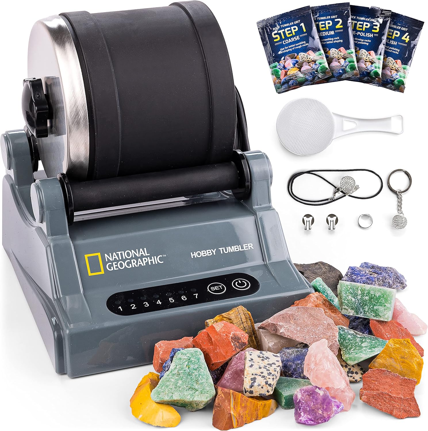 National Geographic Hobby Rock Tumbler Kit for Kids and Adults Ages 8+ | Rough Gemstones, 4 Polishing Grits, Rock Polisher, Geology Science Kit, Rock Tumbling for Kids and Adults, Birthday Gift