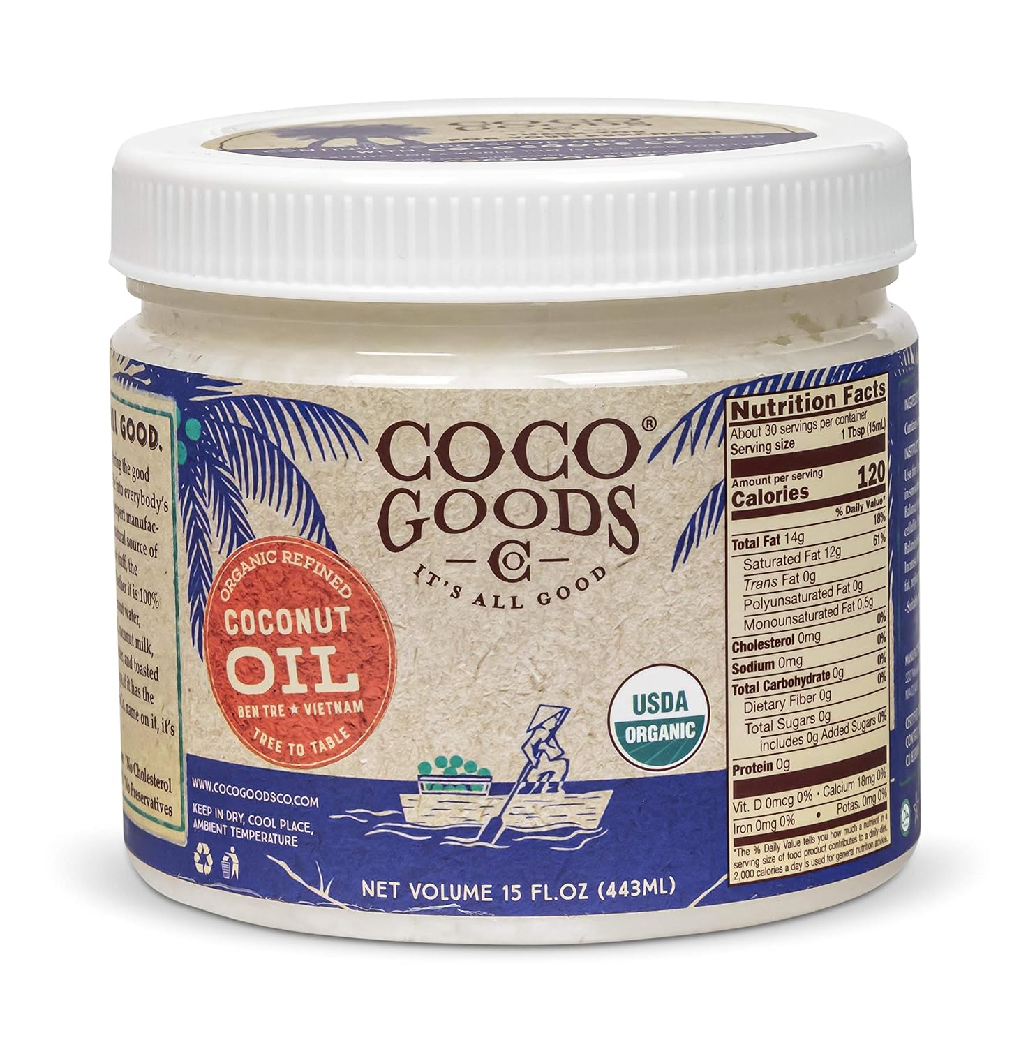 CocoGoodsCo Vietnam Single-Origin Organic Refined Coconut Oil (15 fl. oz) - Gluten-free, Non-GMO