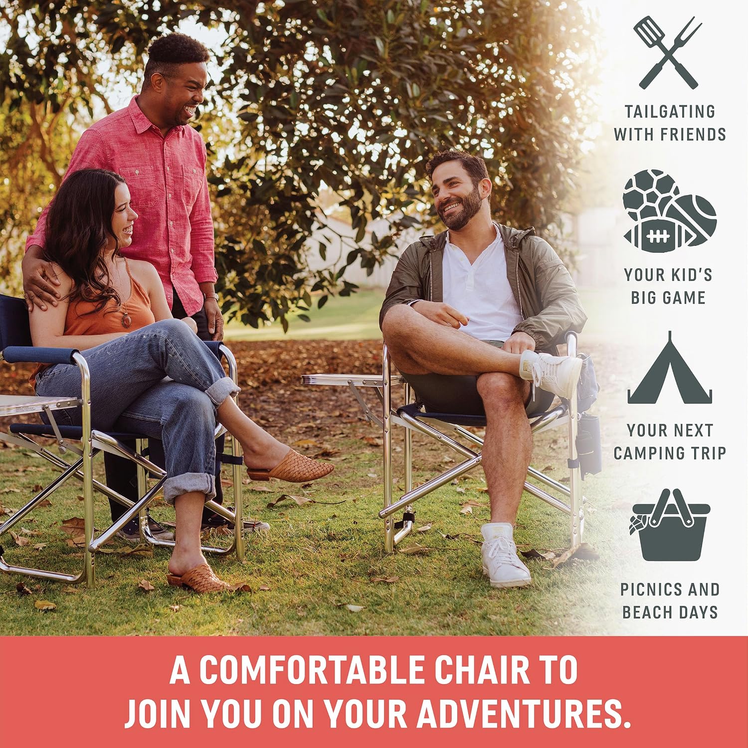 PICNIC TIME Sports Chair with Side Table and Armrest Caddy, Lightweight Aluminum Folding Outdoor Camping Chair for Adults, Portable Director Style Lawn Seating with Pockets & Carry Strap, (Navy Blue)
