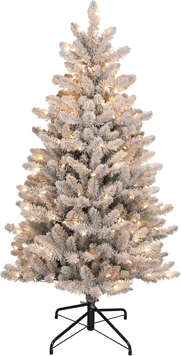 Puleo International 7.5 Foot Pre-Lit Slim Flocked Fraser Fir Artificial Christmas Tree with 500 UL Listed Clear Lights