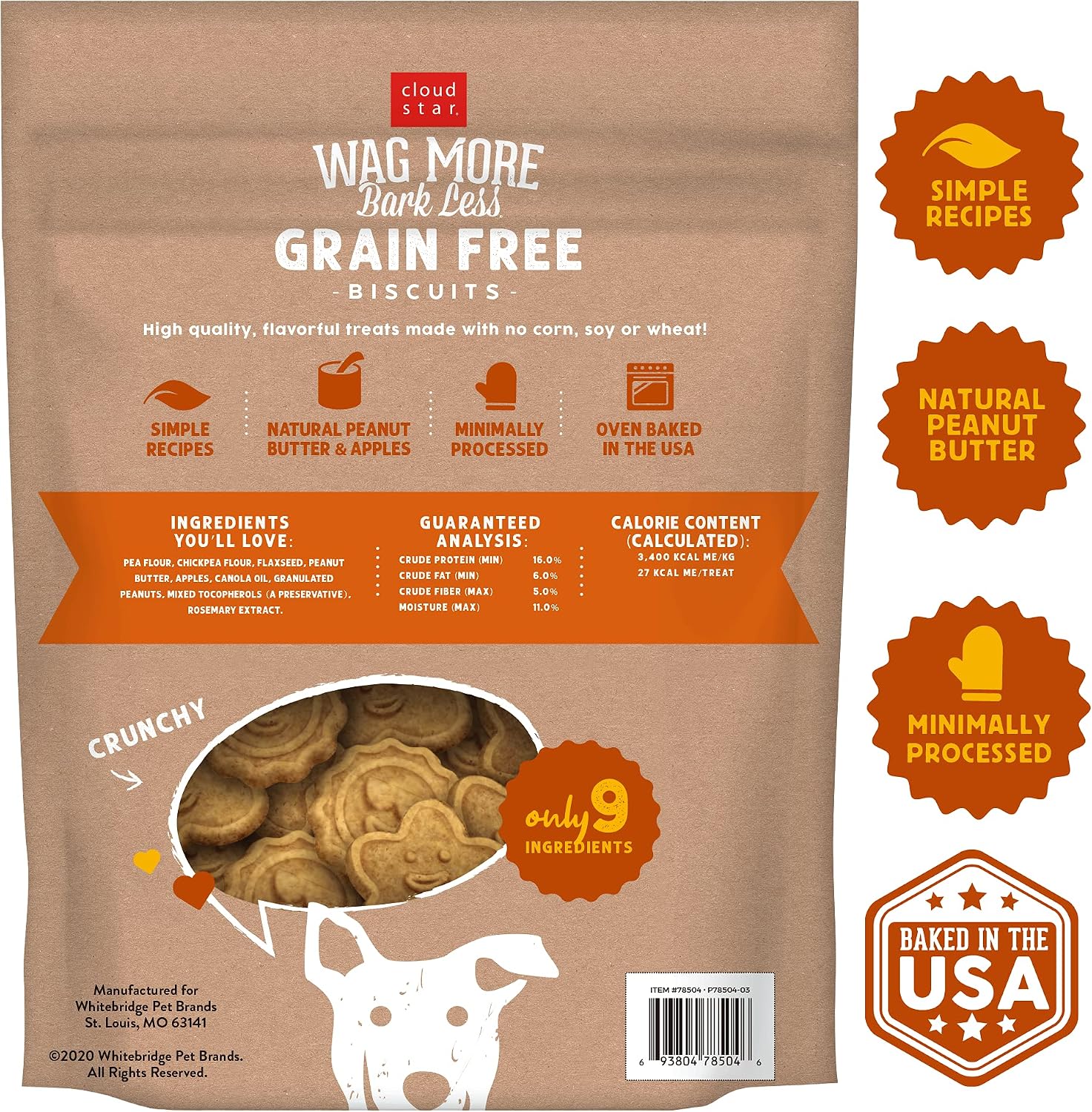 Cloud Star Wag More Bark Less - Dog Treats - Crunchy Biscuits - Grain Free Peanut Butter & Apples - 2.5 lb Pouch