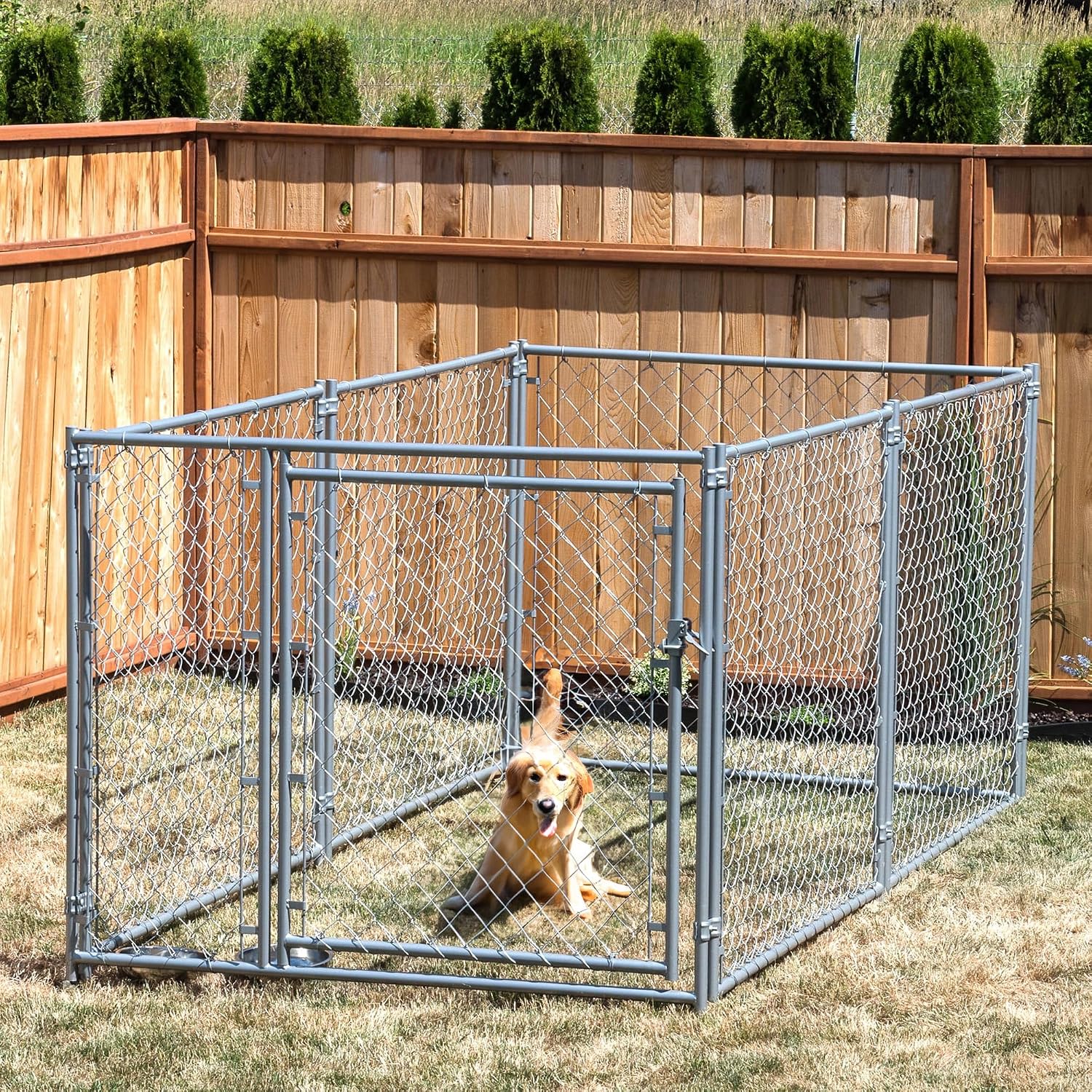 Lucky Dog 10' x 10' x 6' Heavy Duty Outdoor Welded Galvanized Steel Chain Link Dog Kennel Enclosure with 2 Configurations and Latching Door, Silver