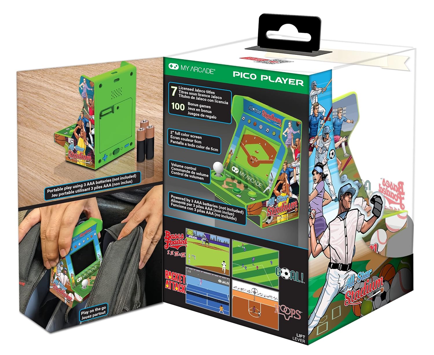 My Arcade All Star Stadium Pico Player- Fully Playable Portable Tiny Arcade Machine with 107 Retro Games, Toys for Kids, 2" Screen, Green