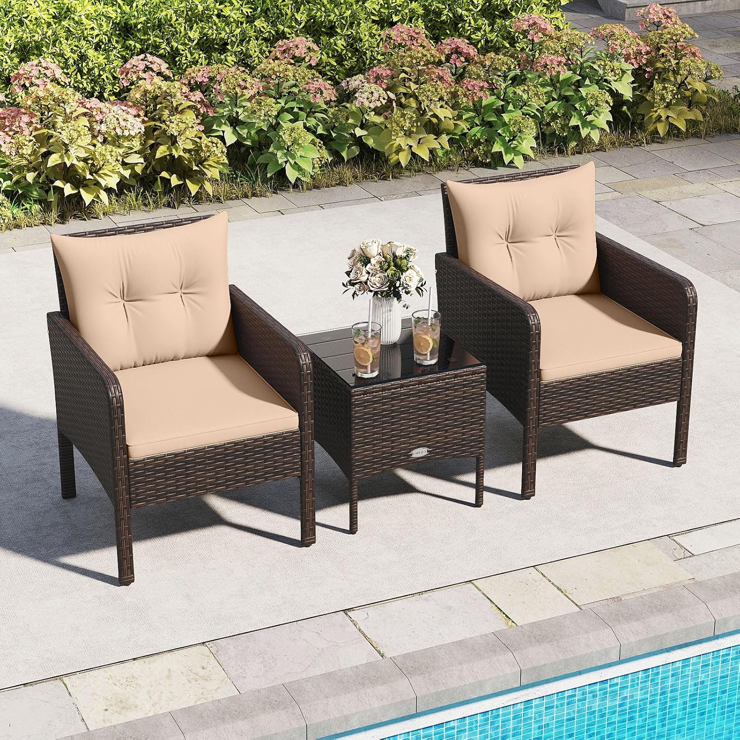 Tangkula 3 Piece Outdoor Patio Furniture Set, Wicker Chairs Set with Glass Top Coffee Table, Thick Cushions
