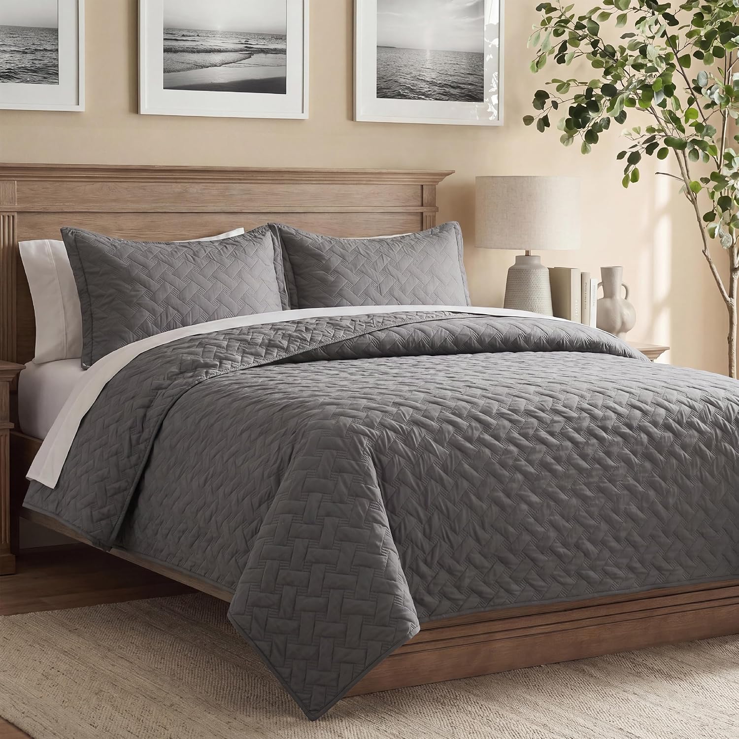 Bedsure Quilts Queen Size - Grey Bedspreads Queen Size with Basket Weave Pattern, Soft Quilt Bedding Set, Lightweight Comforter Set Coverlet for All Seasons with 2 Pillow Shams (90" x 96")