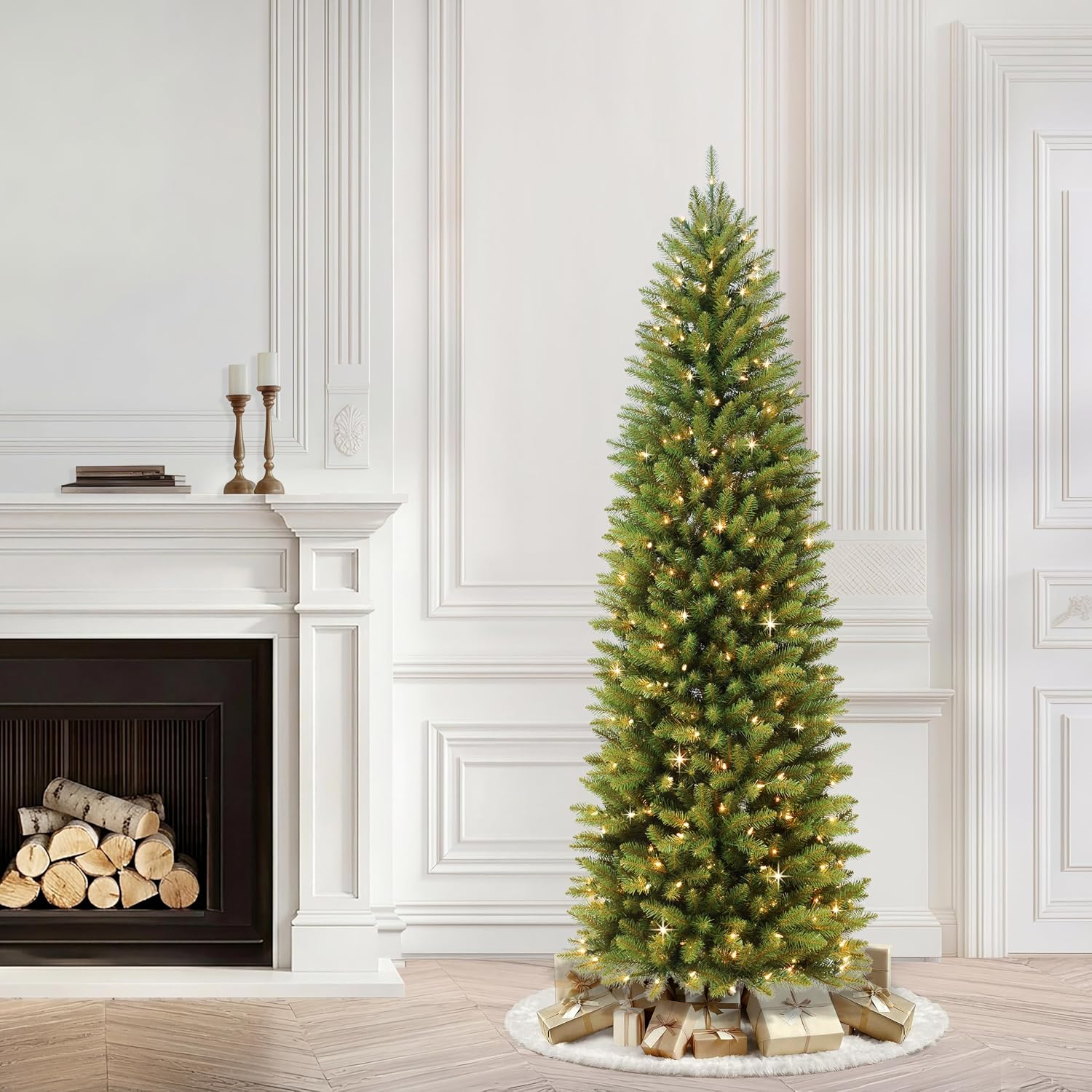 Puleo International 7.5ft Pre-Lit Fraser Fir Pencil Christmas Tree with 350 Clear Lights, 1188 Realistic Dense Branch Tips, Easy Setup Artificial Trees with Sturdy Metal Stand