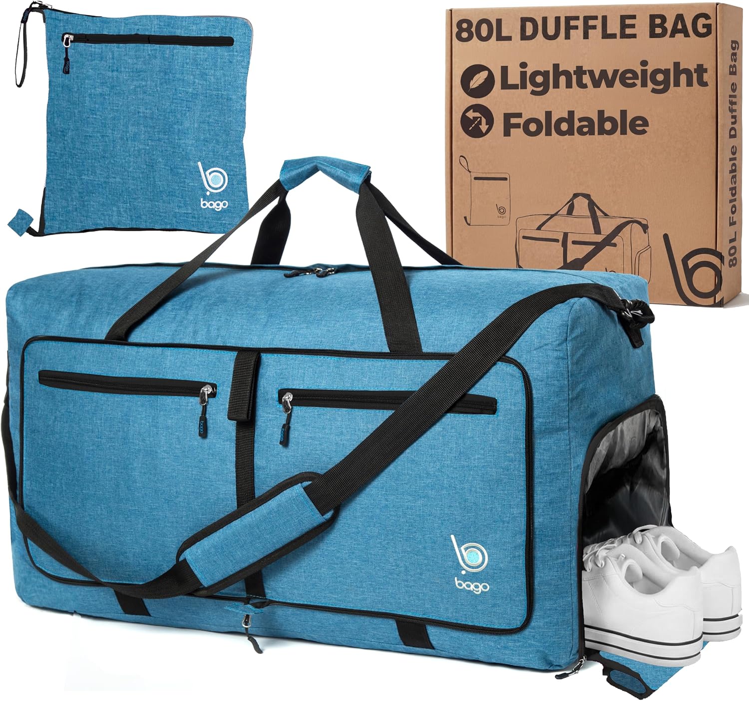 Bago Large Duffle Bag for Travel Women & Men. Durable Lightweight Foldable Travel Duffel Bags For Traveling Women. 80L Duffle Bags For Overnight Bag With Shoe Compartment Collapsible Weekender duffel