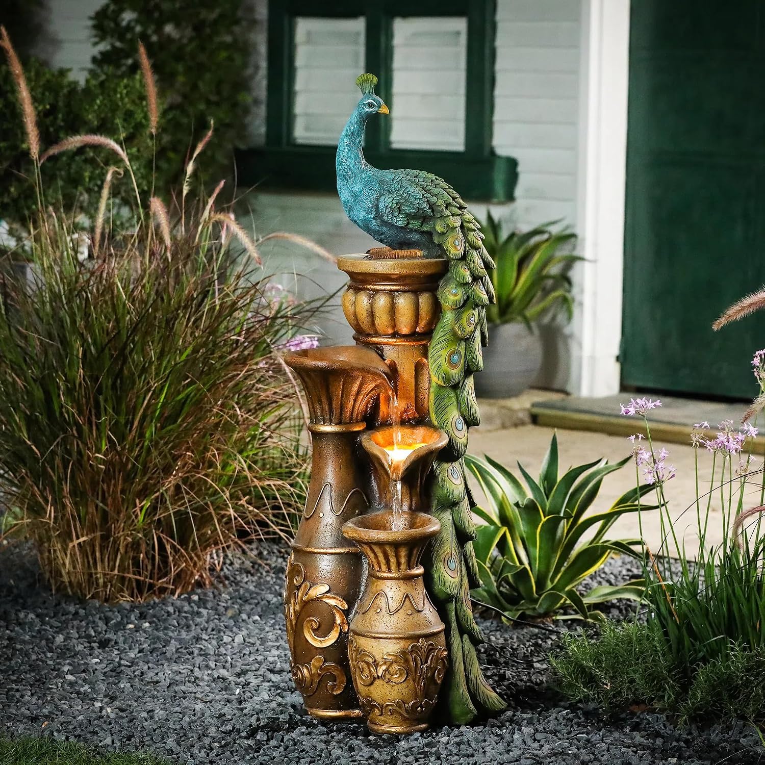 LuxenHome 44" Peacock Outdoor Water Fountain with Lights, Garden Waterfall