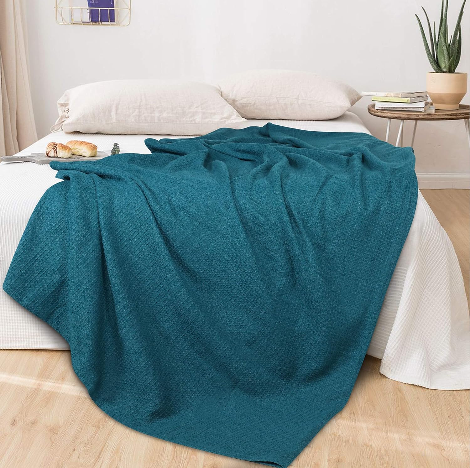 Glamburg 100% Cotton Thermal Bed Blanket, Soft Waffle, Queen Size, All Season, Navy Blue