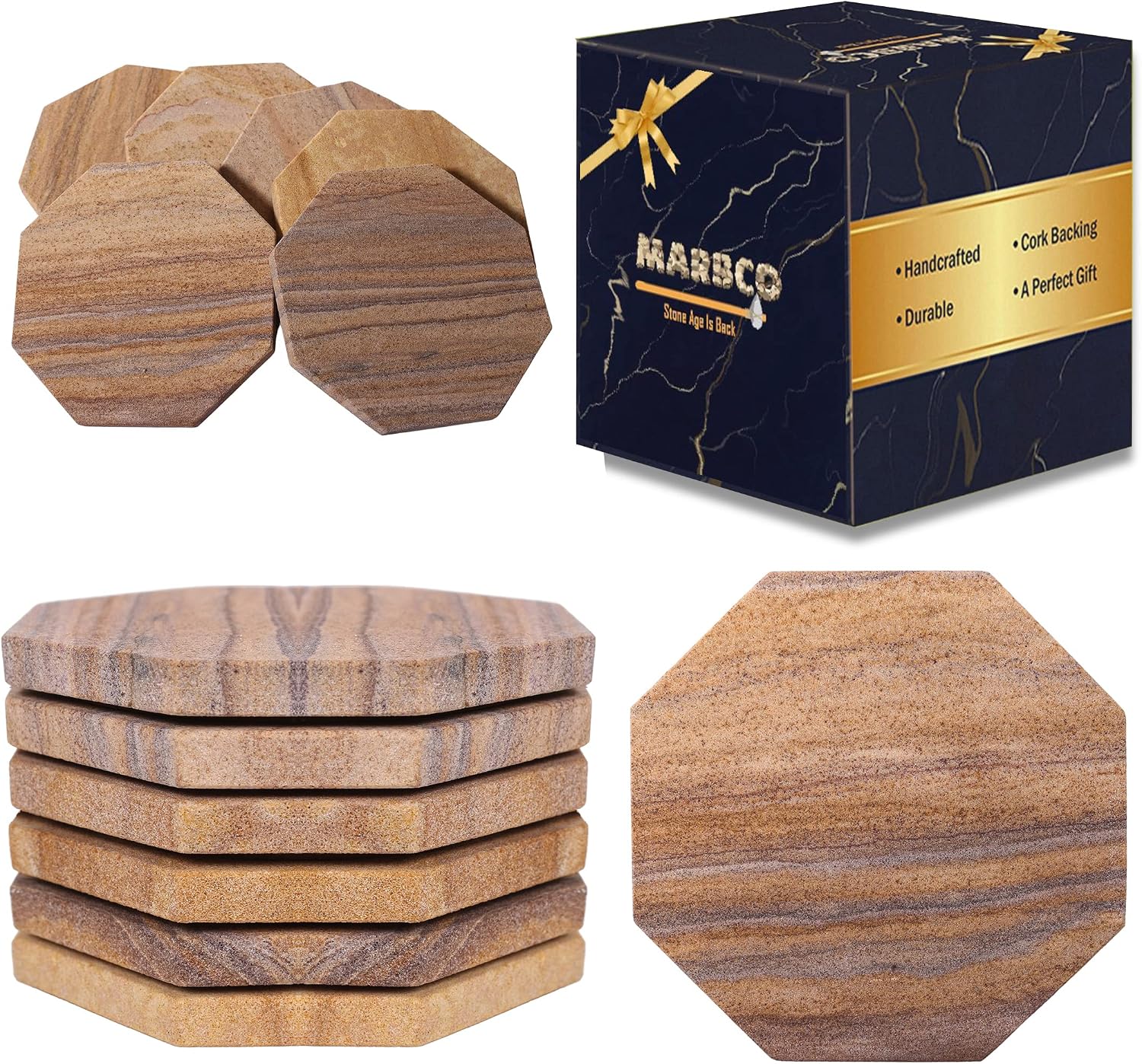 Sandstone Water Absorbent Hand Crafted Octagon Coasters with Holder for Drinks 4 Inches Wide Thirsty Stone Bar/Drink Coasters Made from Real Solid