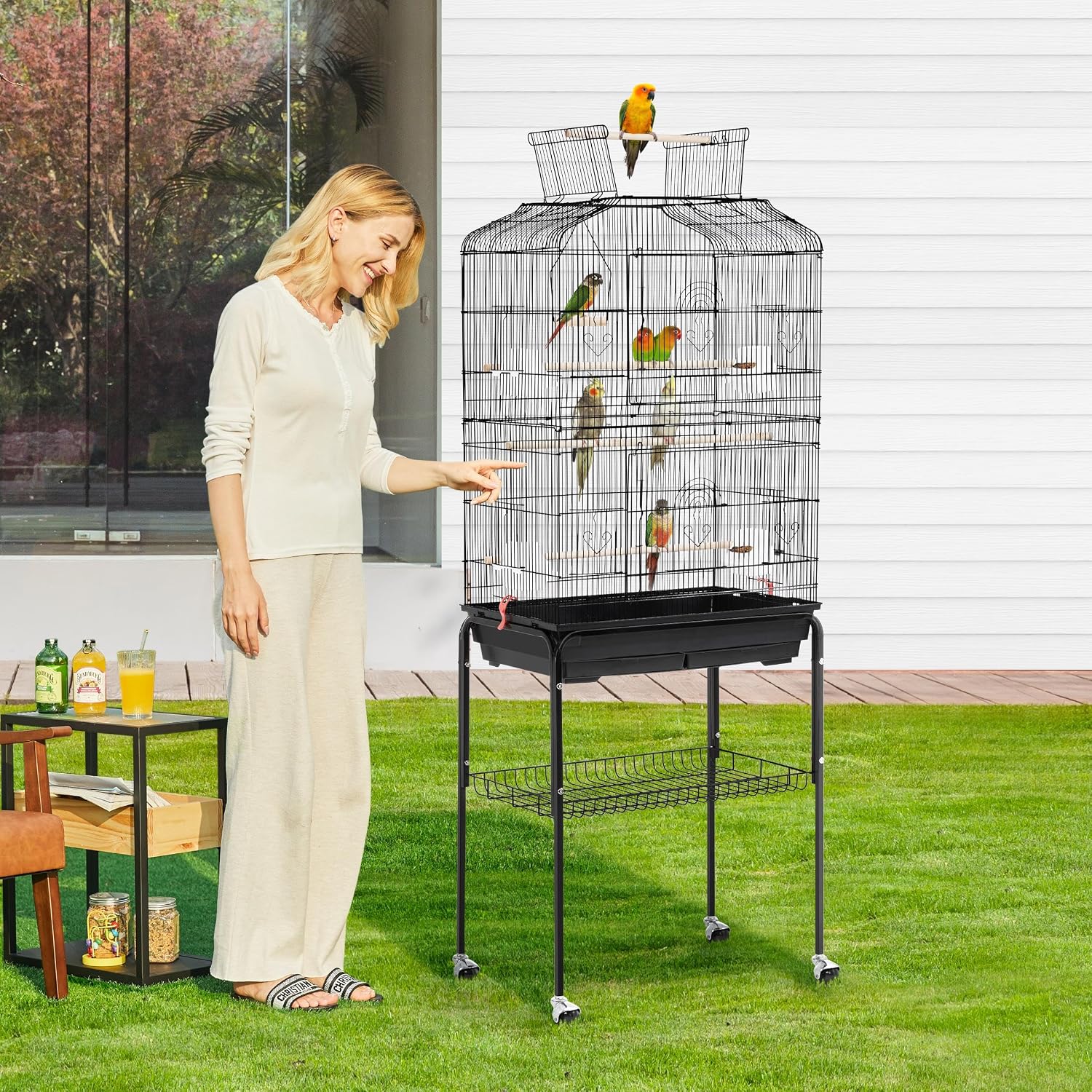 Yaheetech 64'' Open Top Bird Cage for Parakeets & Cockatiels, Black | Detachable Rolling Stand, Easy-clean Slide Tray, Multi-door Access, 3/8" Bar Spacing, Indoor/Outdoor Use