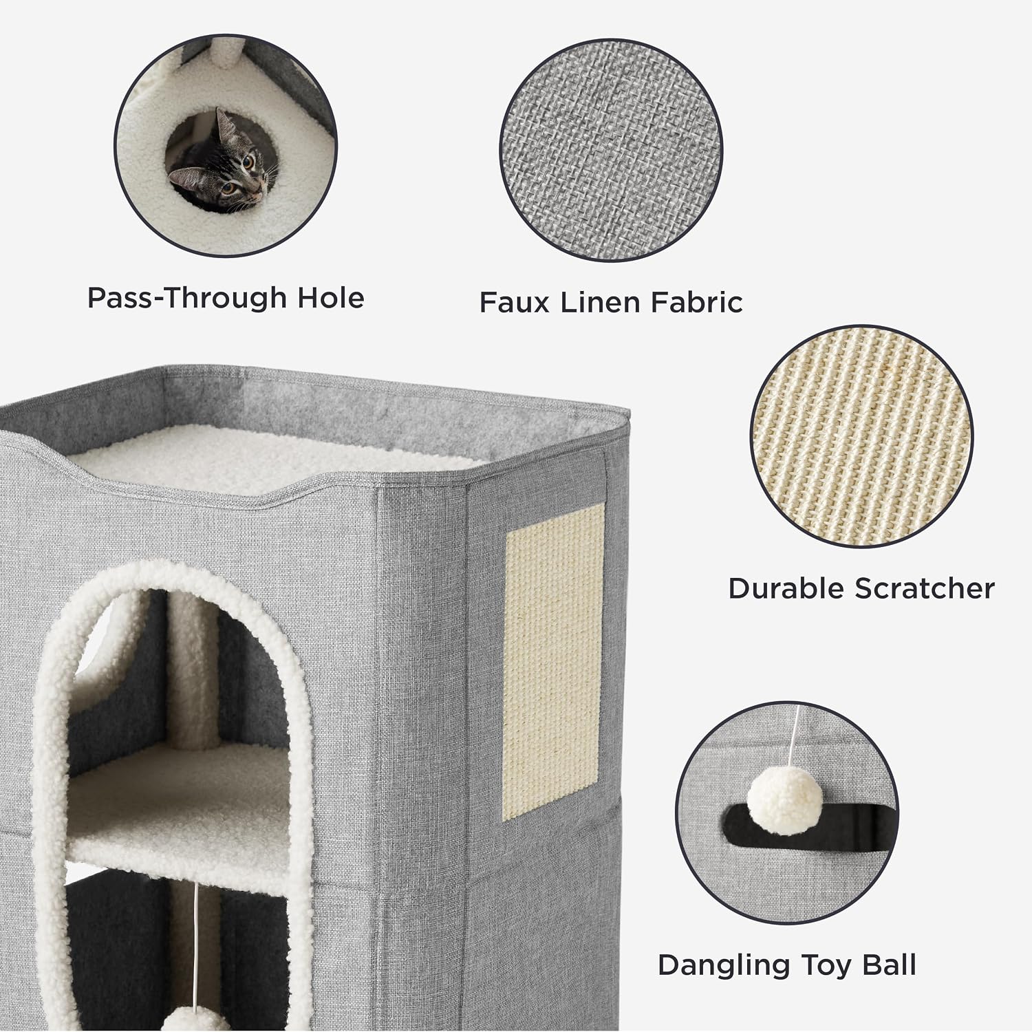 Bedsure Cat House Bed for Indoor Cats with Fluffy Ball and Scratch Pad,Grey