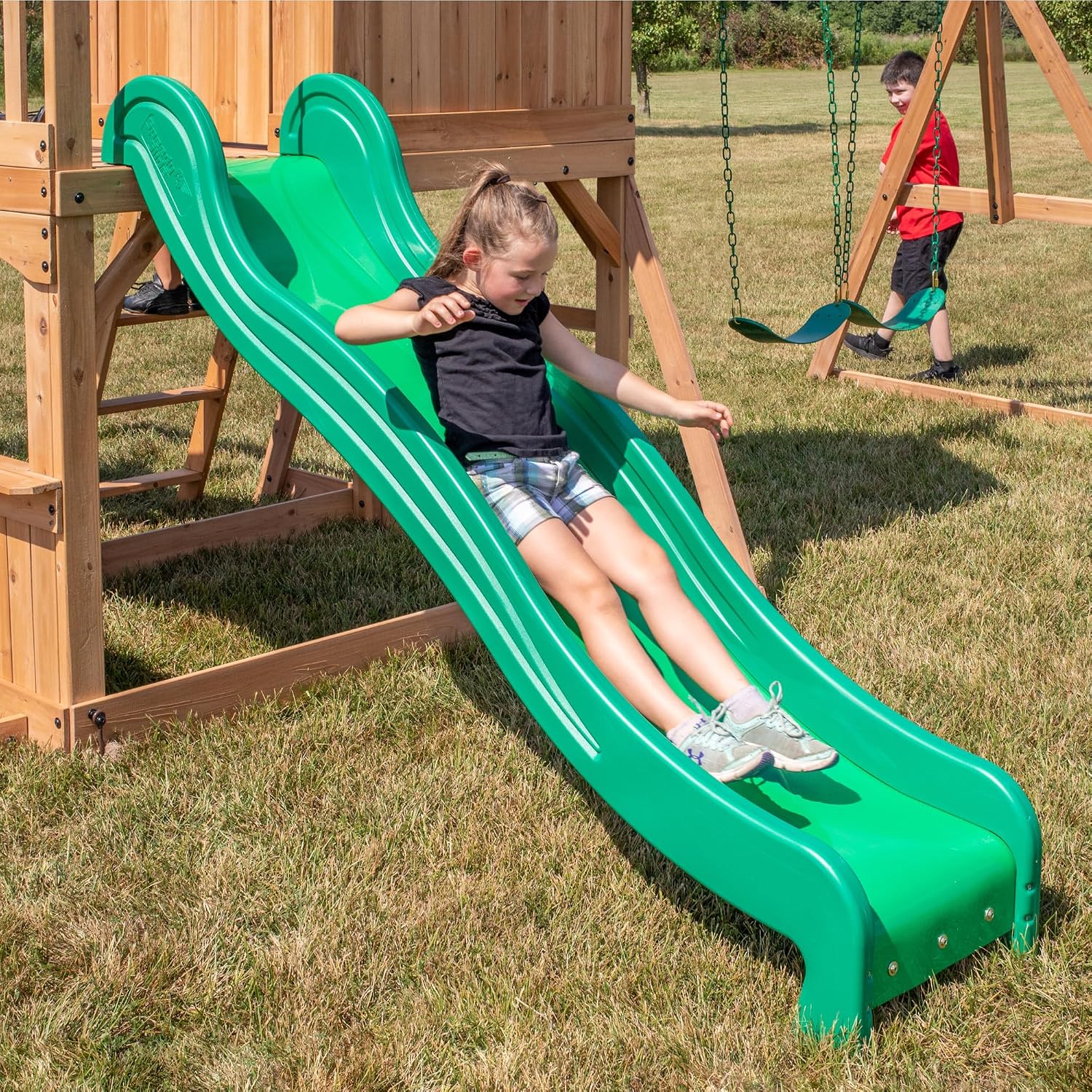 Backyard Discovery Montpelier Cedar Wood Swing Set, Wave Slide, Clubhouse, Monkey Bars, Picnic Area, Snack Bar, Belt Swings, Trapeze, Balcony