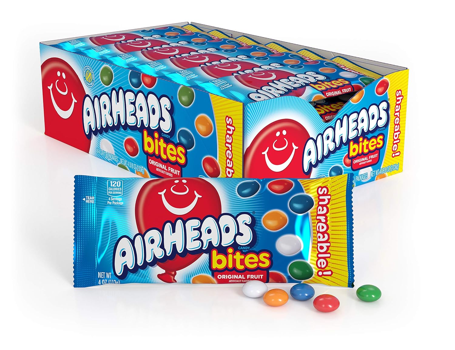 Airheads Candy Bites, Assorted Fruit Flavors, 2 Ounces (18-Pack) | Individually Wrapped Bulk Candy, Chewy Candy Bags