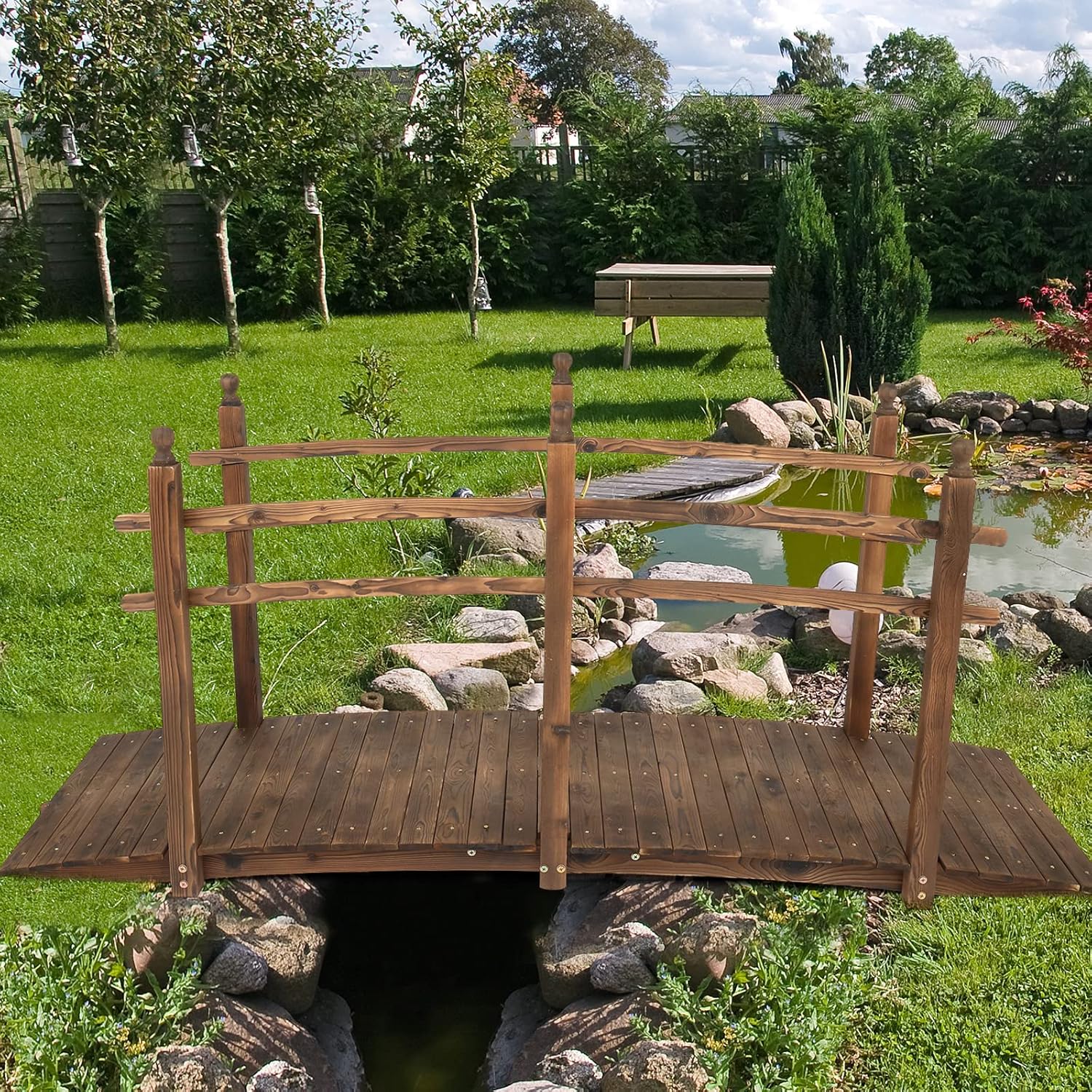 VINGLI 5 ft Garden Bridge, Classic Wooden Arch with Safety Rails Stained Finished Footbridge, Decorative Pond Landscaping, Backyard, Creek or Farm