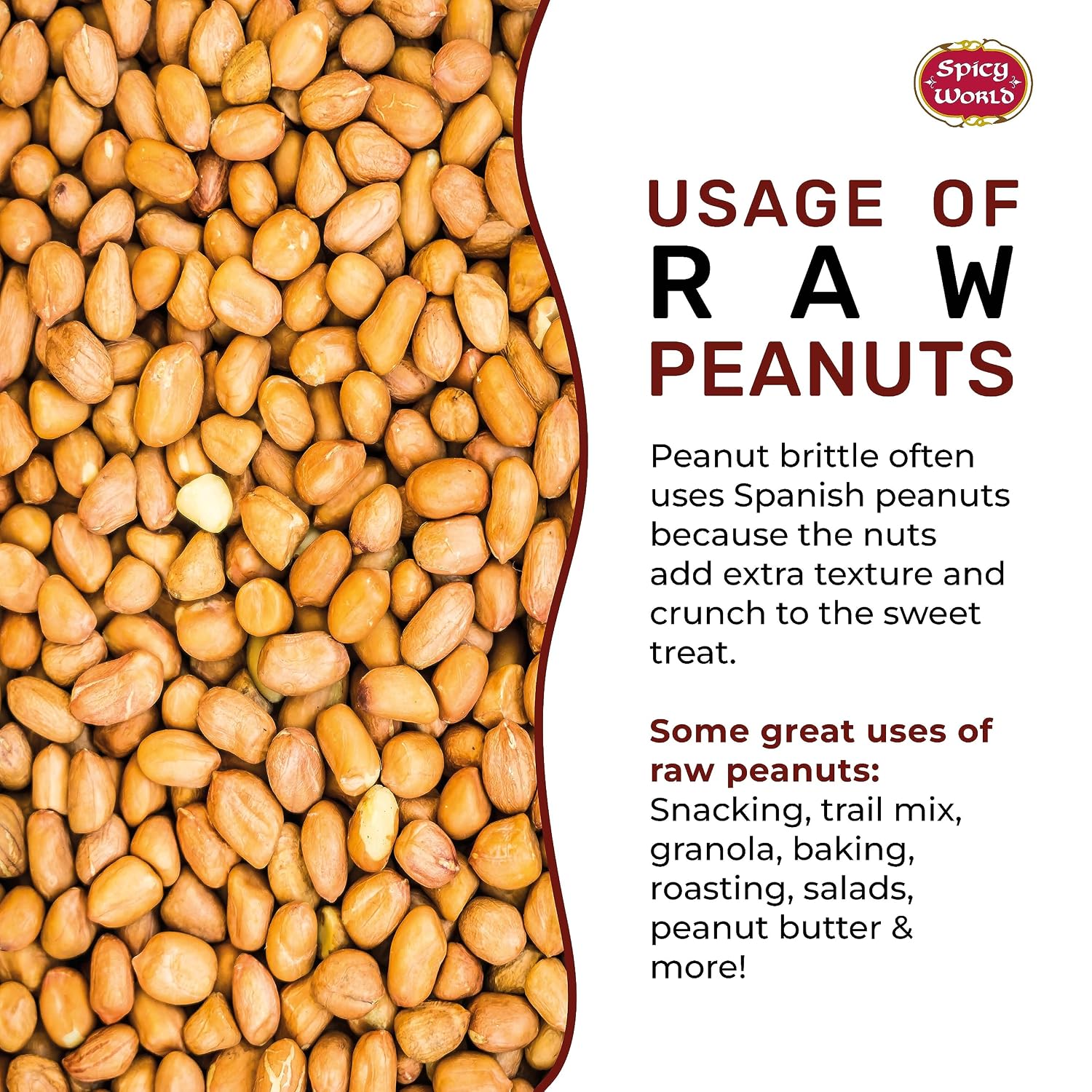 Spicy World Peanuts Raw Whole With Skin 4 LB Jumbo Bag (64oz) | Uncooked, Unsalted, All Natural, USA Grown Red Skin Spanish Grade