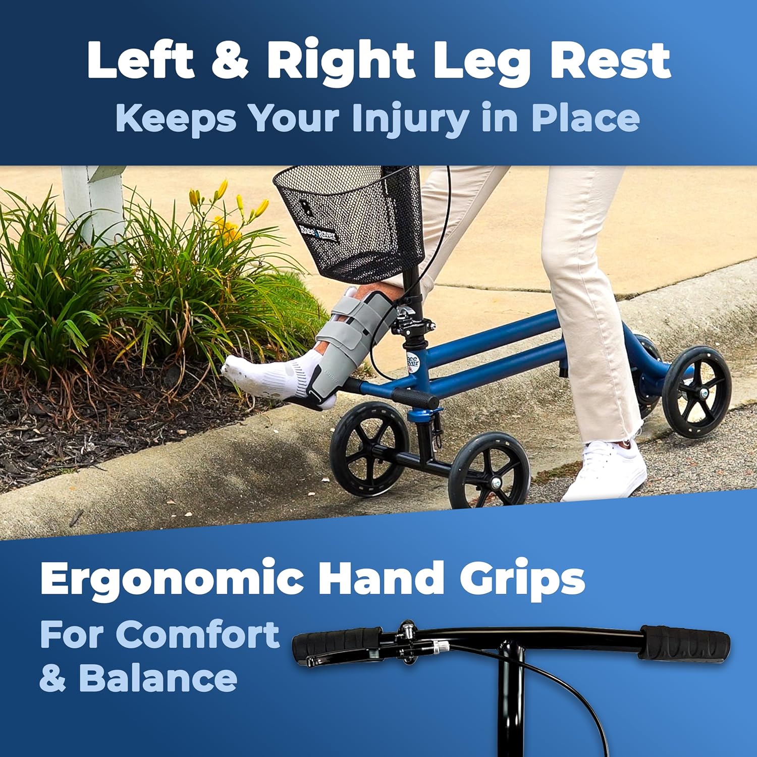 KneeRover Steerable Seated Scooter Mobility Knee Walker, Blue | Sitting Scooter with Leg Rest, Comfortable Gel Seat