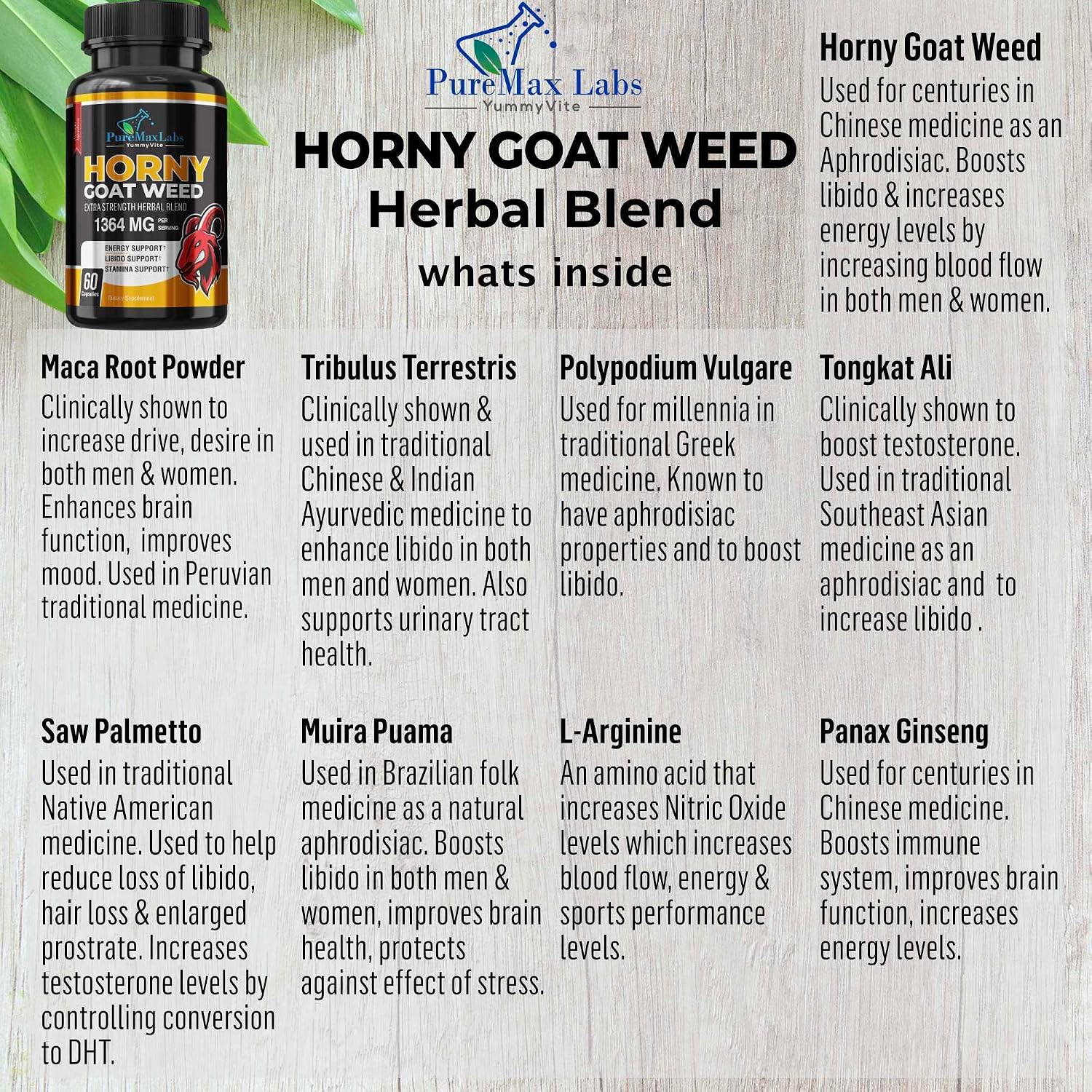 YUMMYVITE Horny Goat Weed Extra Strength Blend, w. Maca, Arginine, Ginseng, Tribulus, Tongkat, Libido, Stamina, Energy Support, Non-GMO Formula