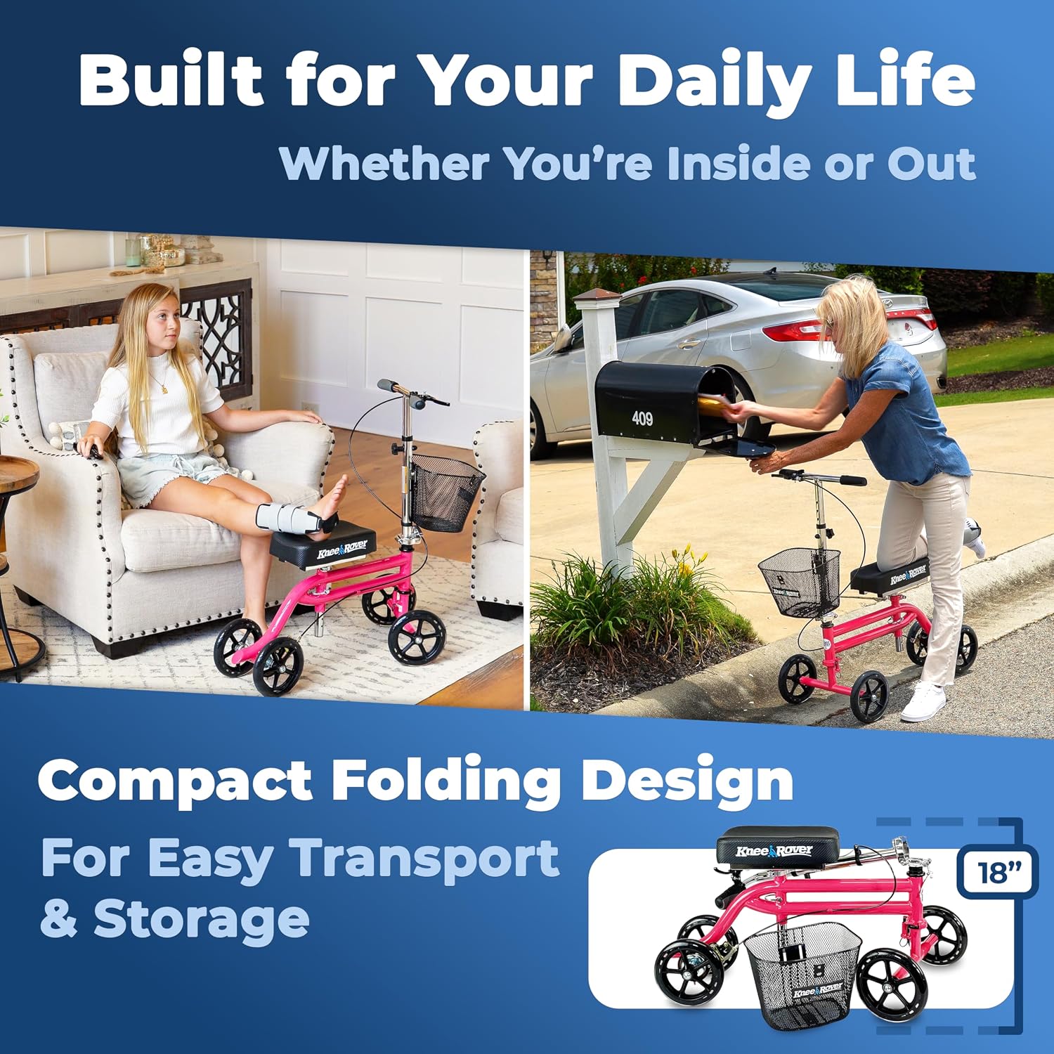 KneeRover Steerable Knee Scooter – Foldable Mobility Aid & Knee Walker with Basket for Adults