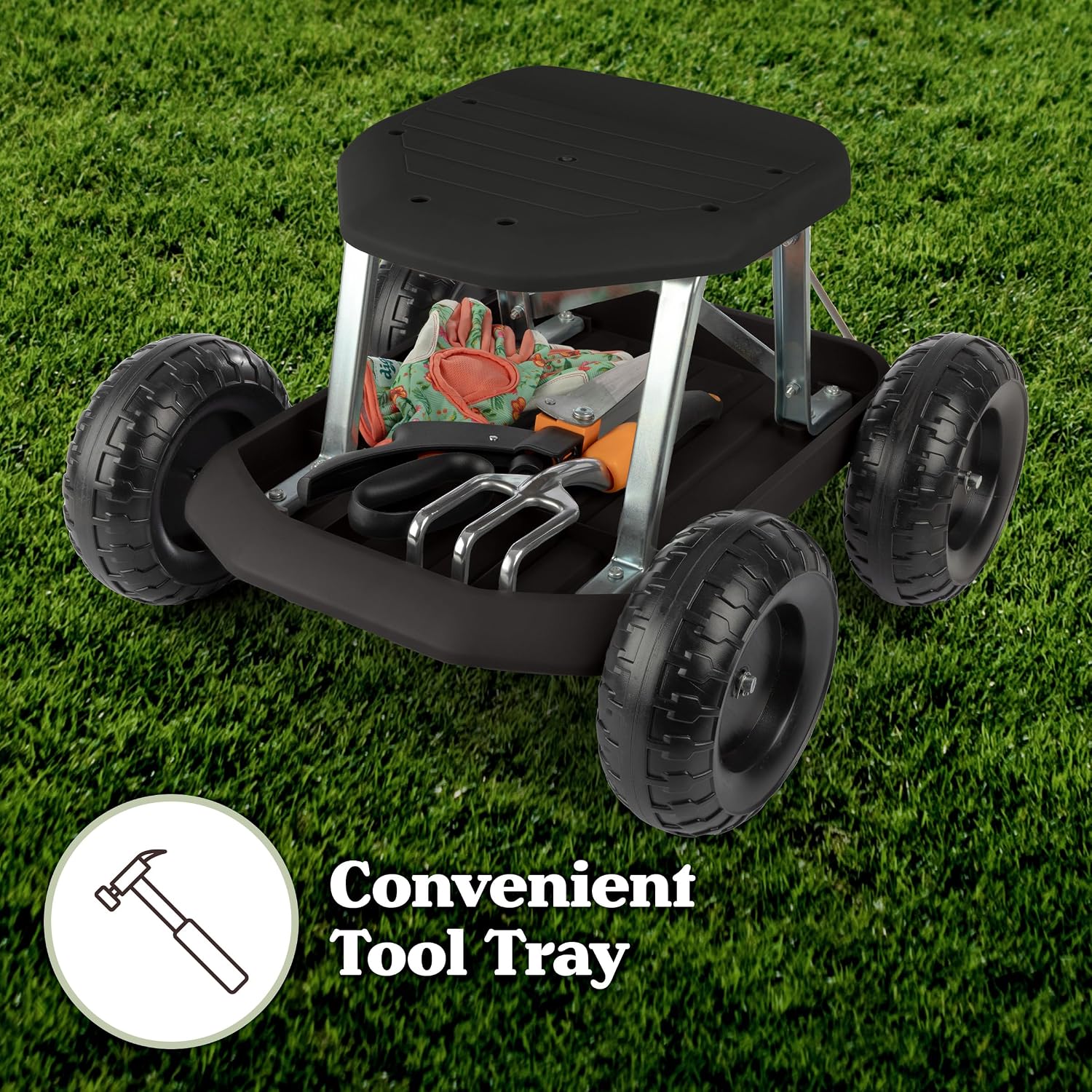 Pure Garden Rolling Garden Seat with Wheels and Tool Tray, Black/Green | Gardening Stool Garden Cart Scooter with Storage for Yard Tools