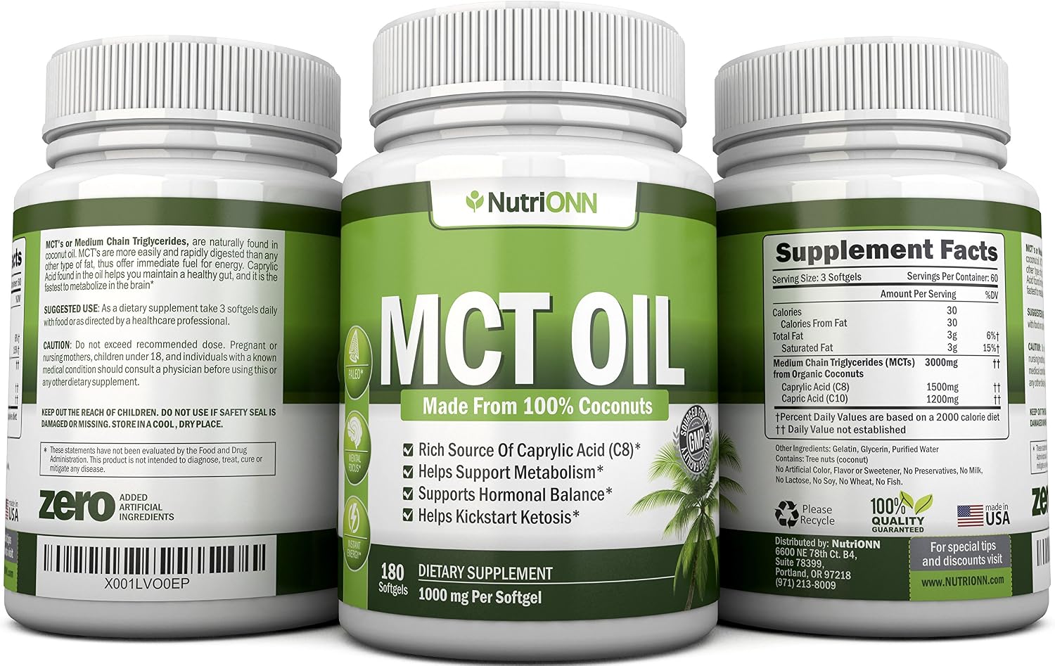 NutriONN MCT Oil - 3000mg Per Serving - 180 Softgels - Made from 100% Organic Coconuts - Non GMO, Cold Pressed