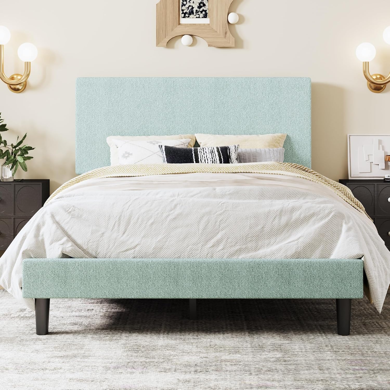 SHA CERLIN Boucle Upholstered Queen Size Bed Frame, White | Platform Bed with Adjustable Headboard, Wooden Slats Support, No Box Spring Needed, Noise-Free, Easy Assembly