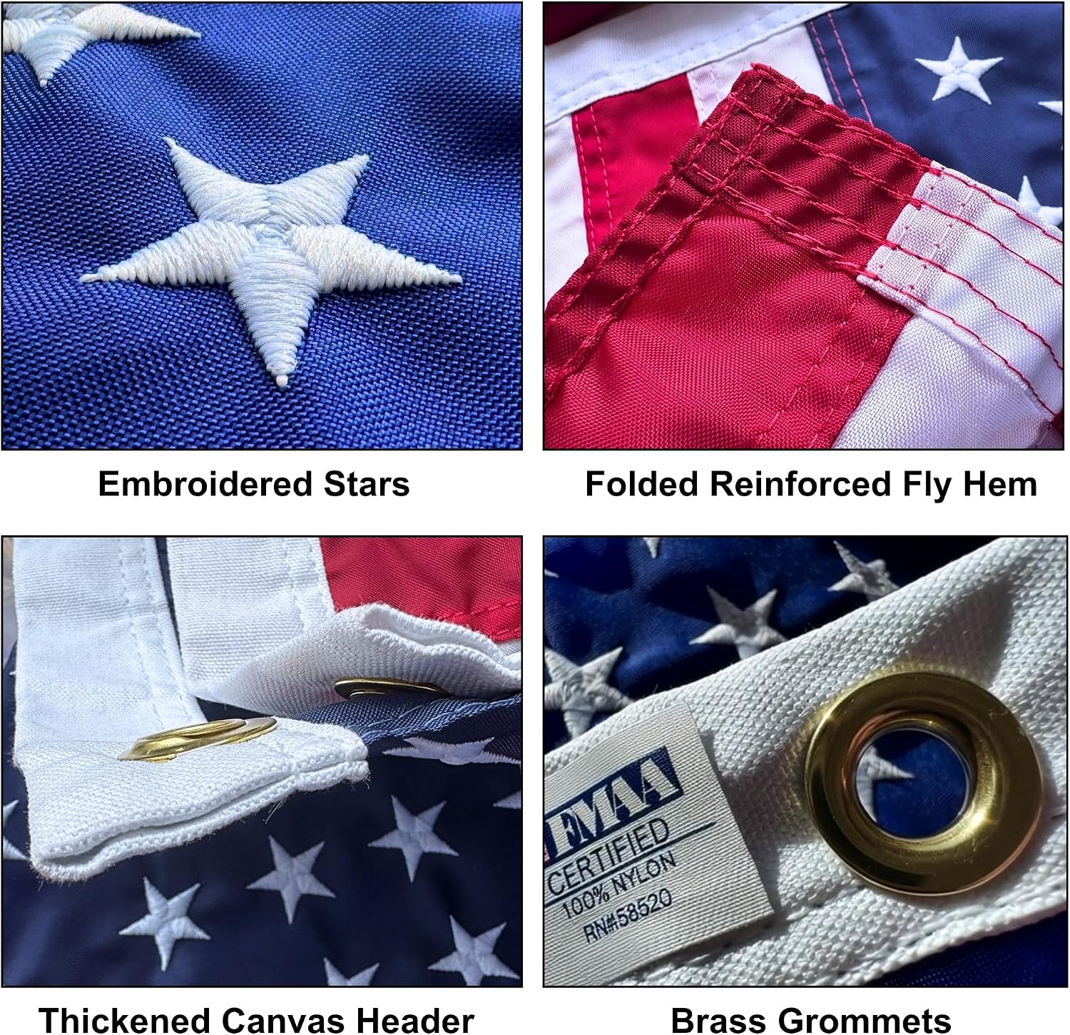 4x6 ft Heavy-Duty American Flag – 100% Made in USA, FMAA Certified – UV-Resistant 210D Outdoor Nylon with Embroidered Stars, Sewn Stripes, Brass Grommets, Reinforced Fly End for 20–25 ft Poles