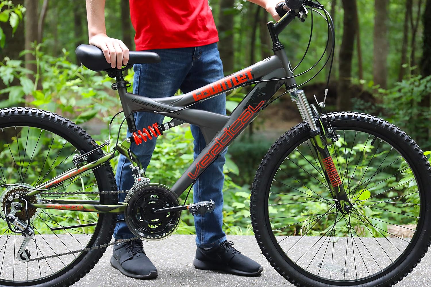 Dynacraft Vertical Gauntlet 24 Inch Bike, Teenager Bicycle Age 13-17, Mountain Bike for Men, 21 Speed Shimano Gear Shifters, Full Suspension
