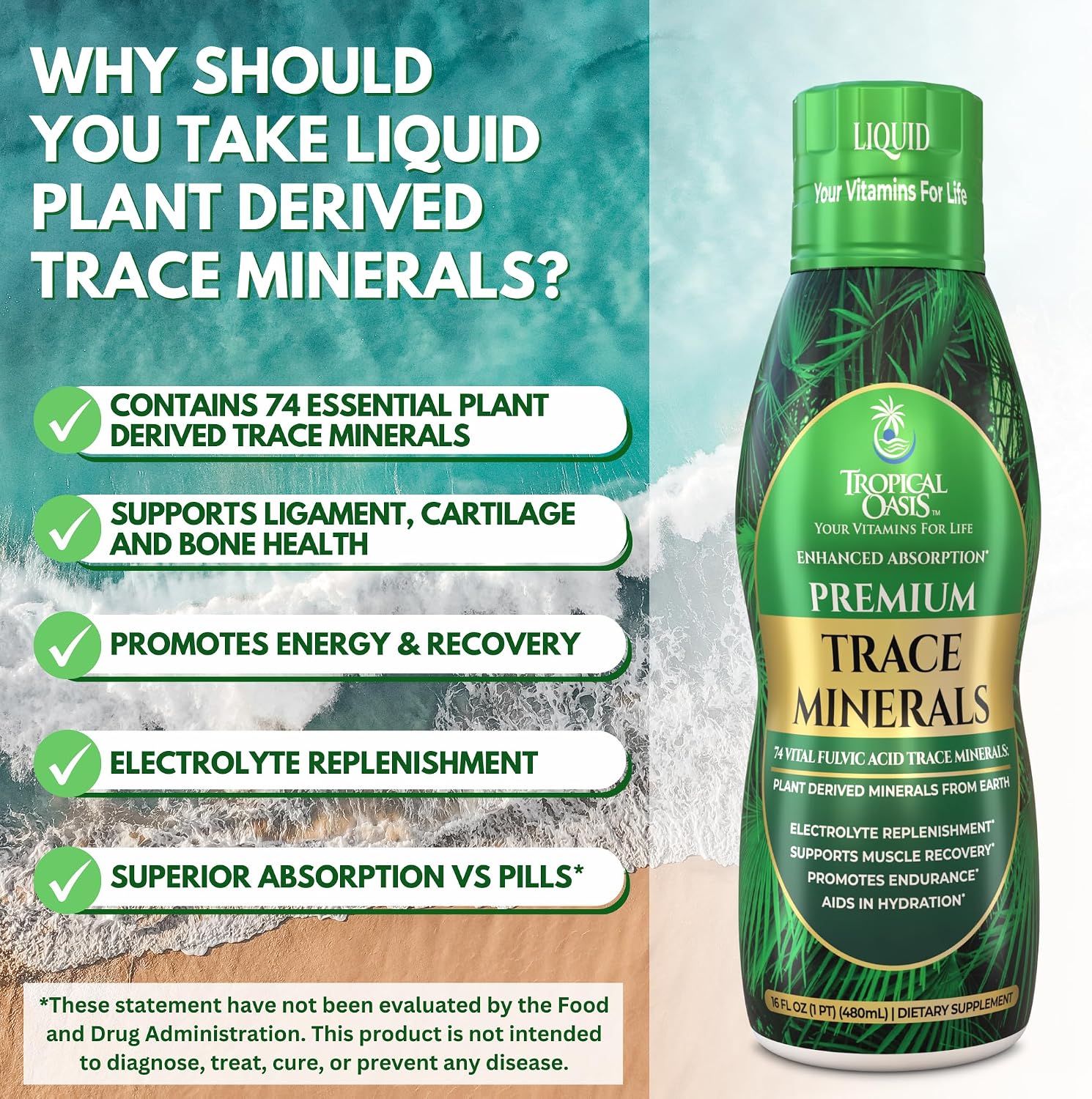 Tropical Oasis - Premium Ionized Plant Based Trace Minerals Liquid Formula- 74 essential minerals in liquid form for up to 96% Absorption - 16 oz, 32 servings