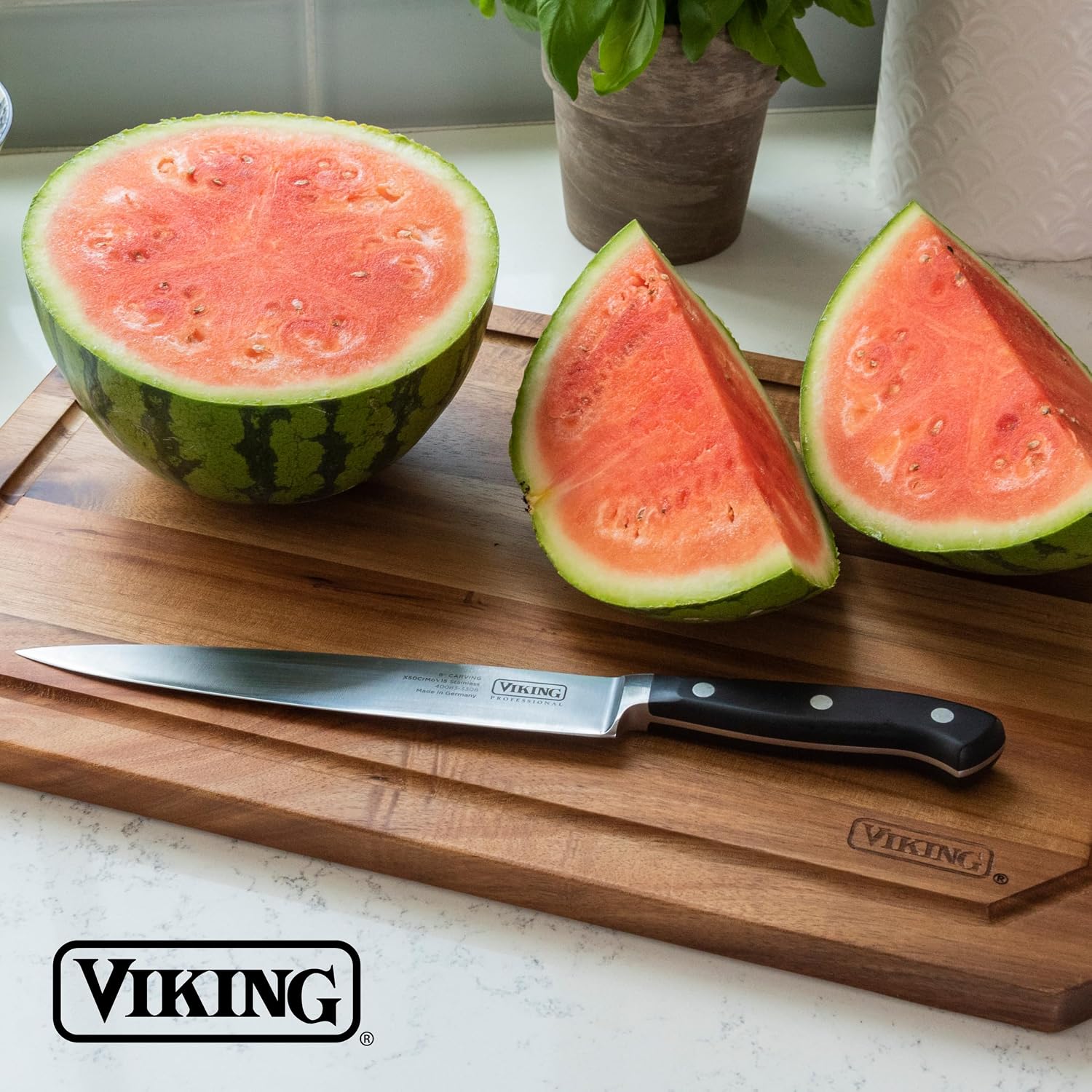 Viking Cutting Board, Acacia Wood Kitchen Butcher Block Carving Board with Juice Groove and Metal Handles, 23 x 14 x 1 Inch
