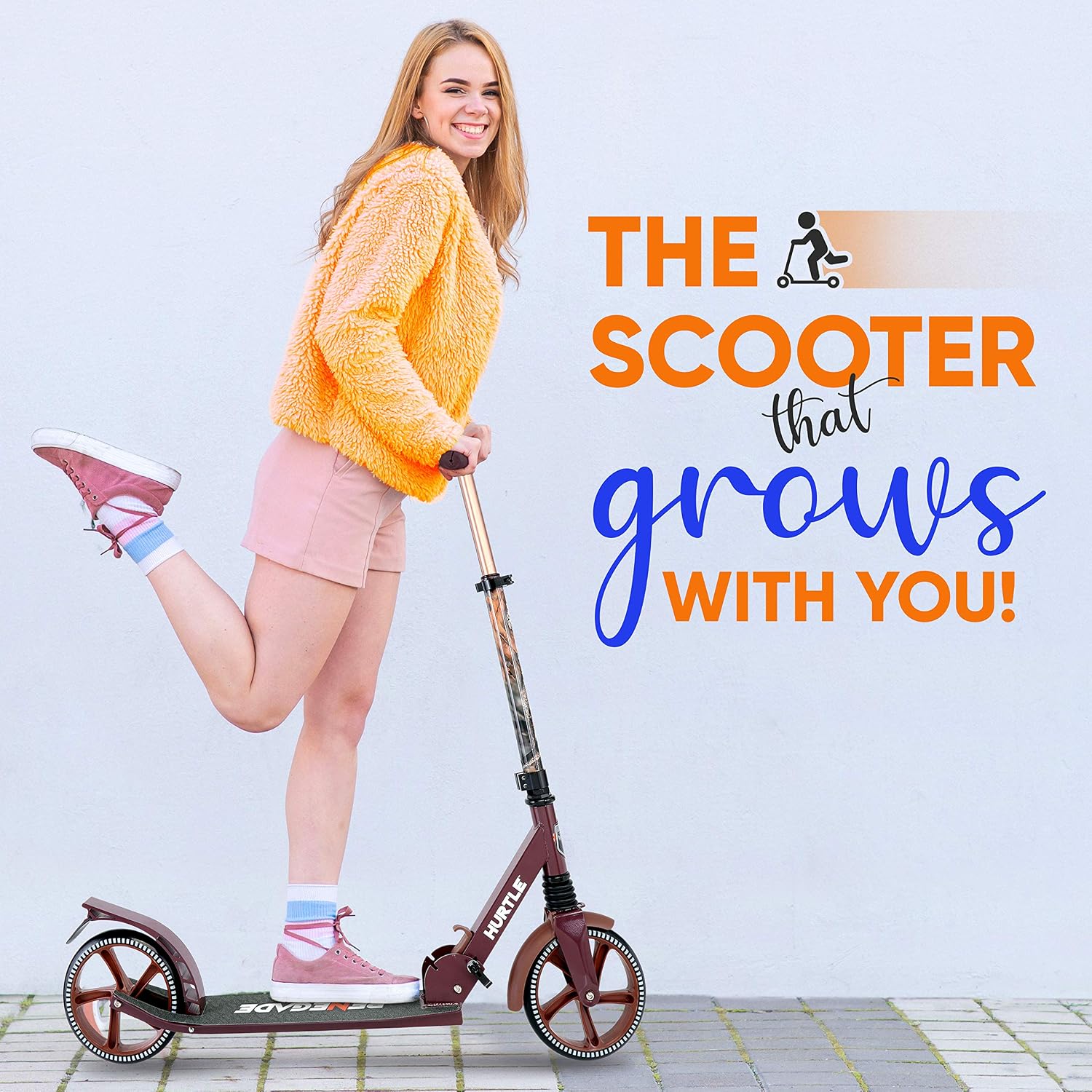 Hurtle Renegade Kick Scooter for Kids, Teenagers & Adults - 2-Wheel Folding Scooter with Adjustable T-Bar Handlebar - Alloy Anti-Slip Deck