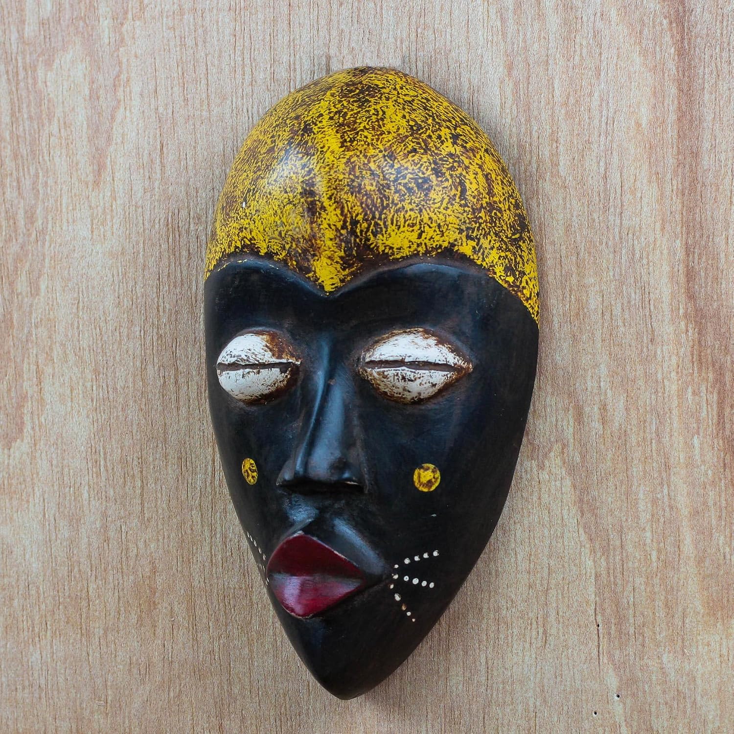 NOVICA Ghanaian Wood Mask, Black and Yellow, 'Adaoma Woman'
