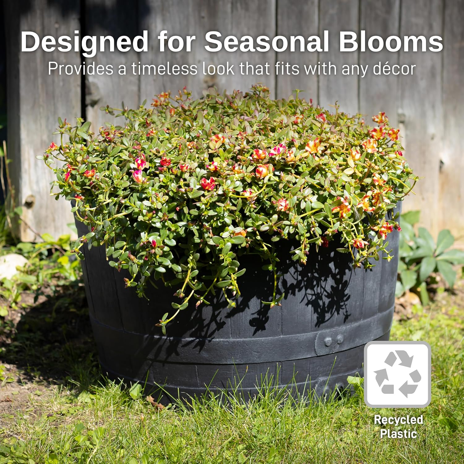 RTS Companies Home Accents 24" Whiskey Barrel Planter, Durable Polyethylene Indoor/Outdoor Flower Pot, Weather-Resistant Plastic Garden Planter, Black, 1-Pack