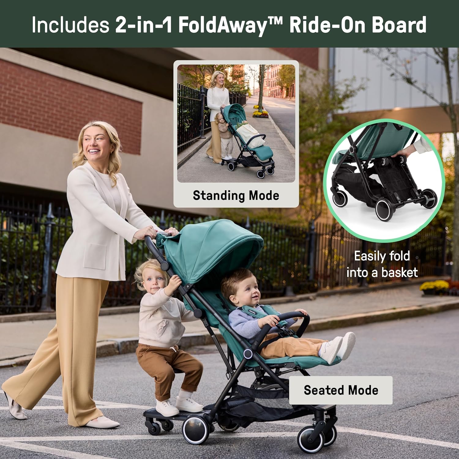 Ingenuity 3D Travelmate Pro Lightweight Travel Stroller with Fold-Away Ride-On Board for Toddlers, Airplane Overhead Bin Compatible, Car Seat Ready, One-Hand Fold