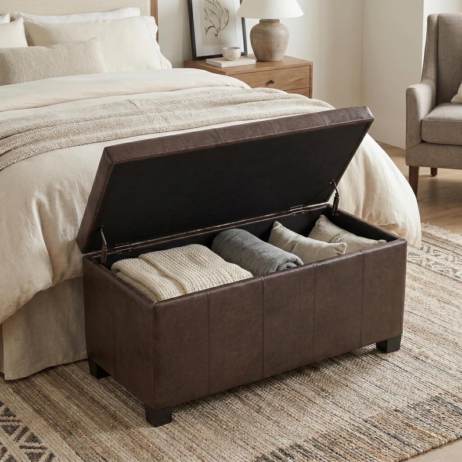 SIMPLIHOME Dover 36" Wide Vegan Leather Storage Ottoman in Midnight Black | Distressed umber brown, contemporary ottoman with lift-top and safety hinges; rectangle storage bench for living room.
