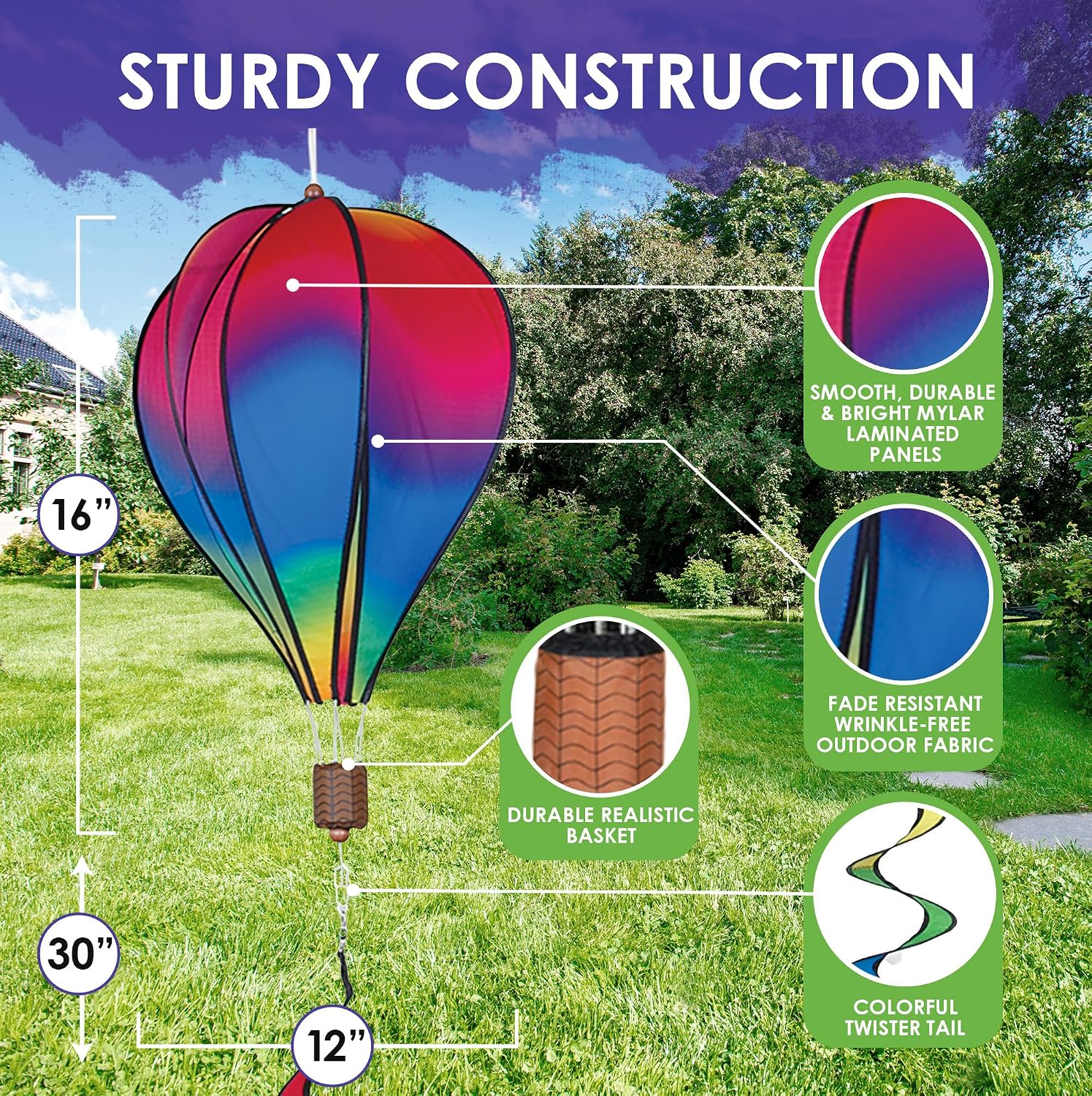 Hot Air Balloon Hanging Garden Spinner 16" - Vibrant Patriotic Design, Weather-Resistant Outdoor Decor, Durable & Lightweight for Patios, Yards, and Gardens - Eye-Catching Wind Spinner