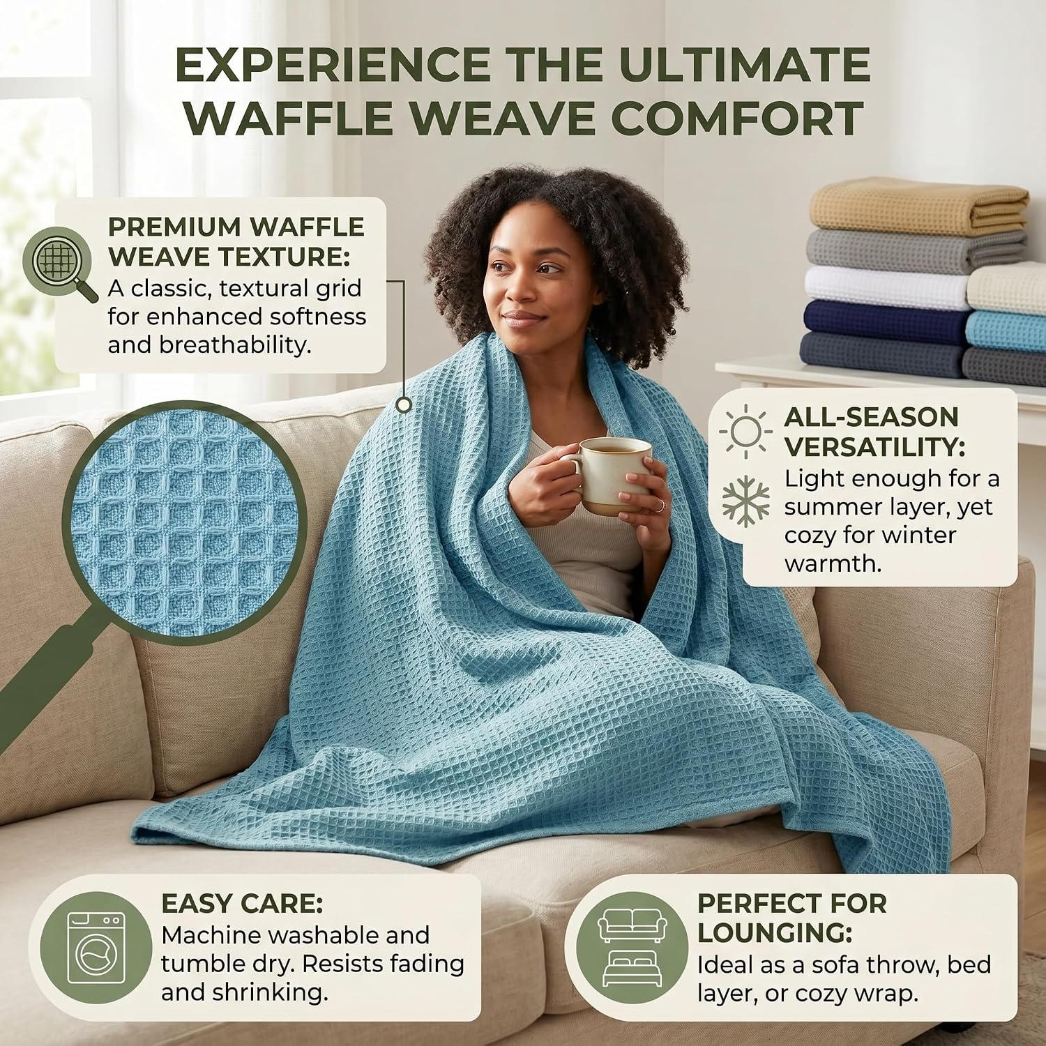 Tex Trend 100% Cotton Waffle Weave Blanket Queen Size - Soft, Breathable Cooling Blanket for Bed, Lightweight Cozy Summer & Spring Bedding, Grey, 90x90