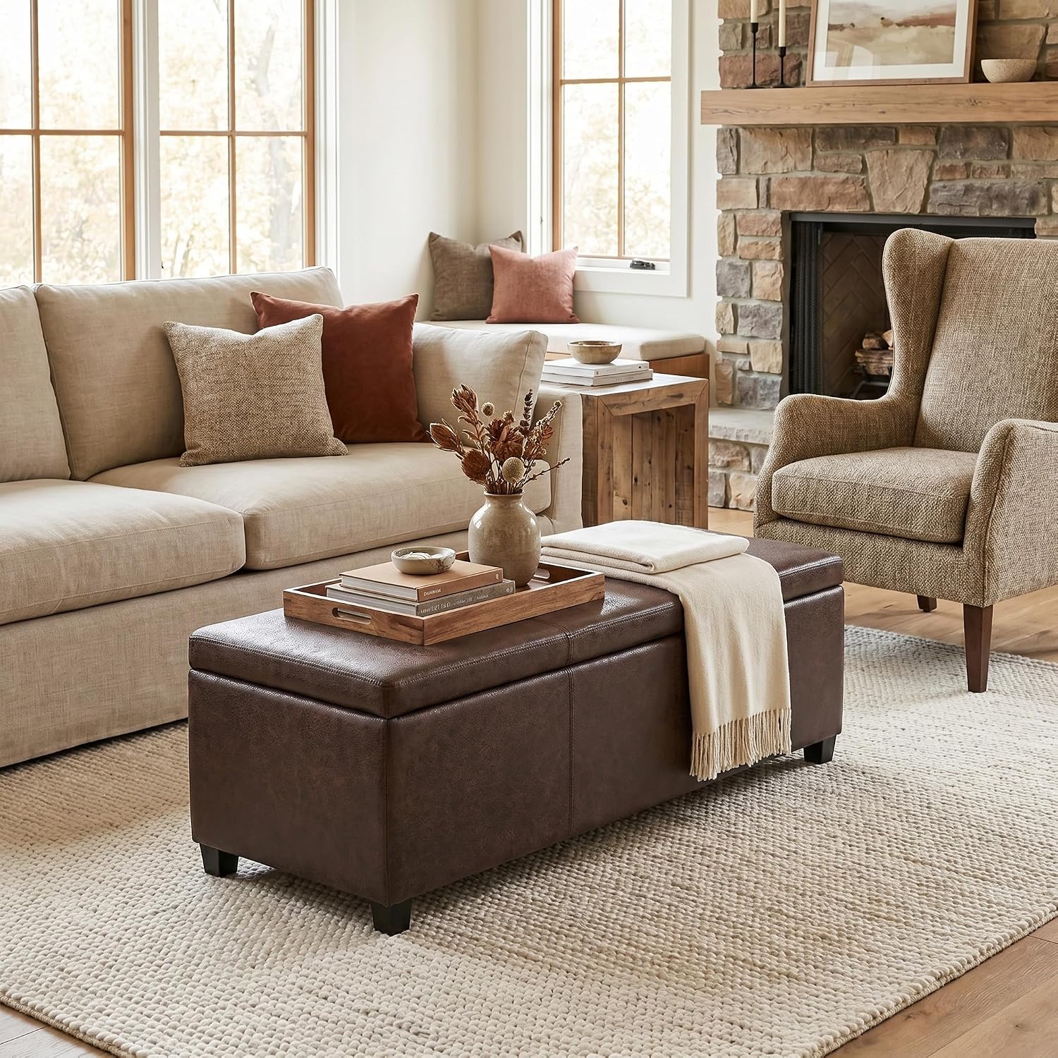 SIMPLIHOME Avalon 48" Wide Vegan Leather Storage Ottoman in Brown