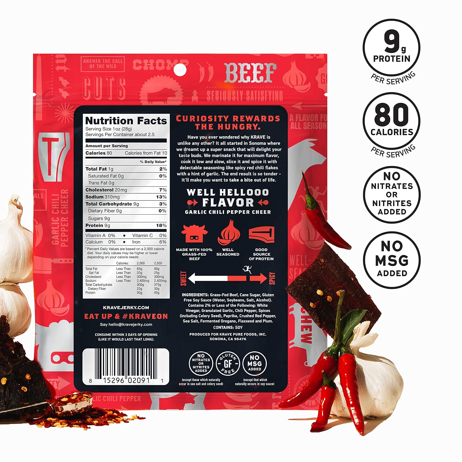 KRAVE All Natural Pork Jerky, Black Cherry BBQ - Protein Packed Snacks Roasted for Maximum Flavor - Premium Tender Meat Cuts - Gluten Free - 2.7 Ounce