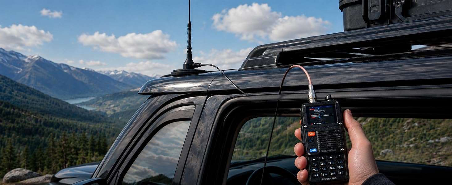 BF-F8HP PRO connected to a vehicle-mounted antenna for stronger mobile signal performance.