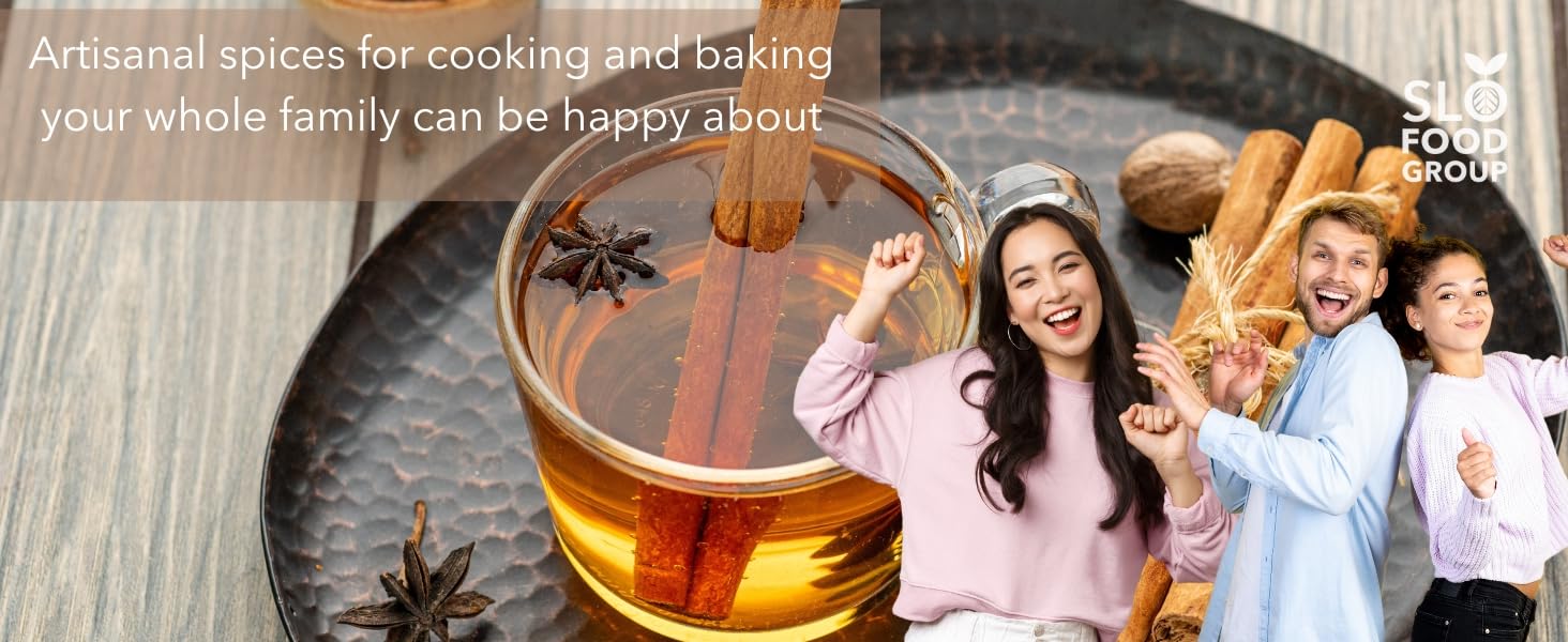a background image of Ceylon cinnamon sticks, nutmeg and star anise with happy customers